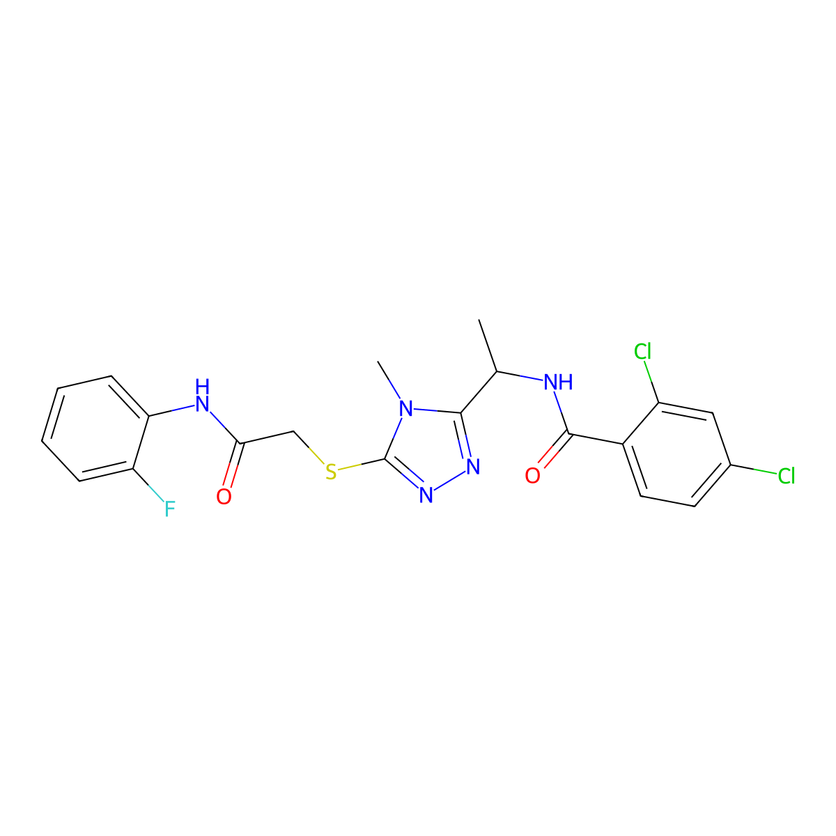 2,4-dichloro-N-[1-[5-[2-(2-fluoroanilino)-2-oxoethyl]sulfanyl-4-methyl-1,2,4-triazol-3-yl]ethyl]benzamide molecular structure, CAS 694473-84-2