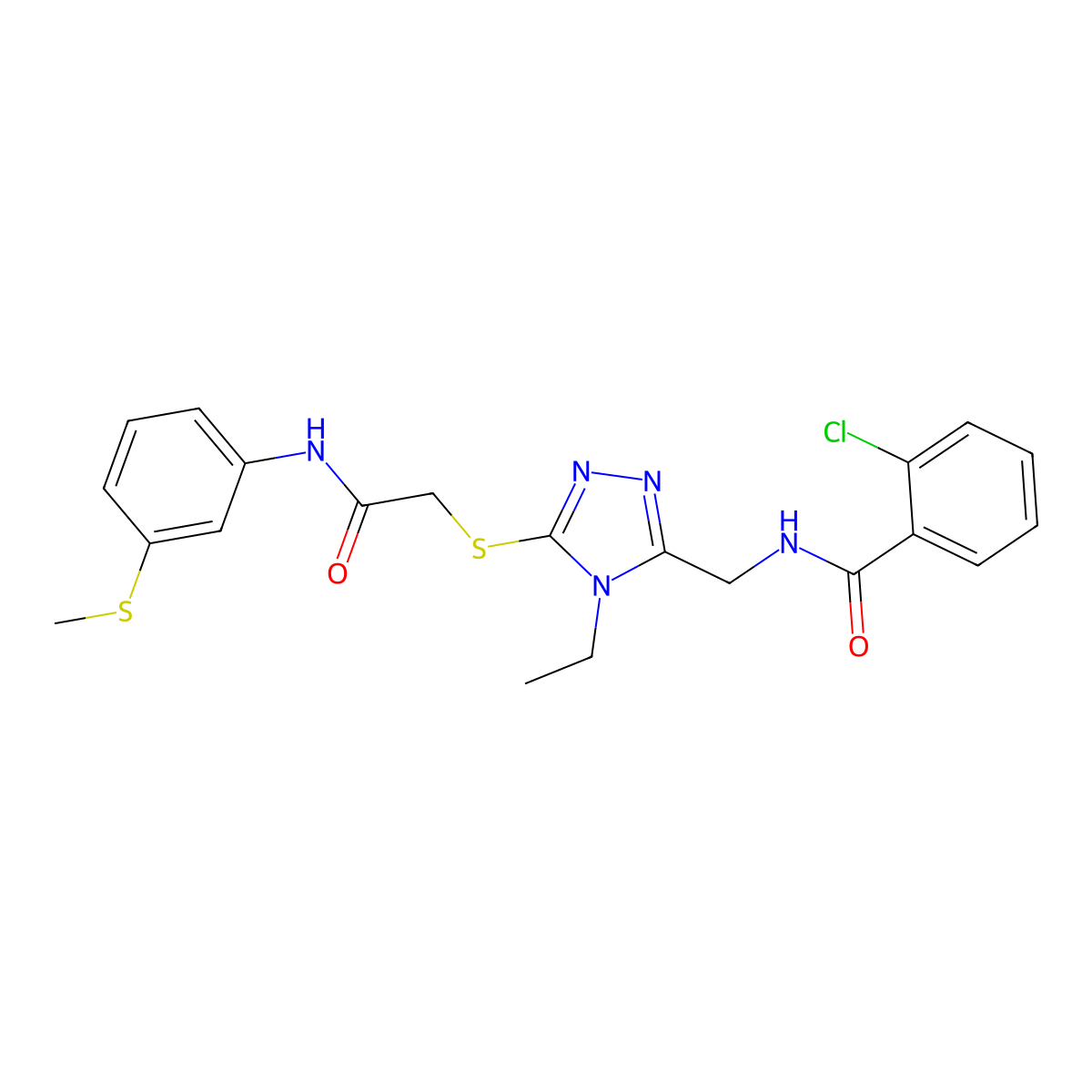 2-chloro-N-[[4-ethyl-5-[2-(3-methylsulfanylanilino)-2-oxoethyl]sulfanyl-1,2,4-triazol-3-yl]methyl]benzamide molecular structure, CAS 694474-03-8