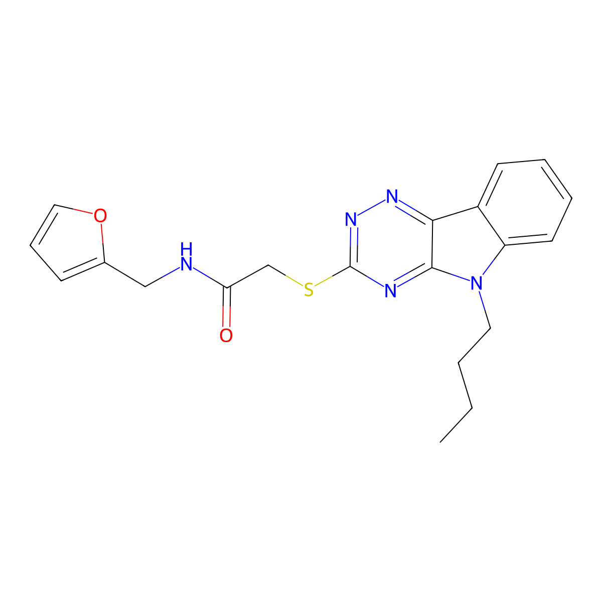 2-[(5-butyl-[1,2,4]triazino[5,6-b]indol-3-yl)sulfanyl]-N-(furan-2-ylmethyl)acetamide molecular structure, CAS 694474-89-0