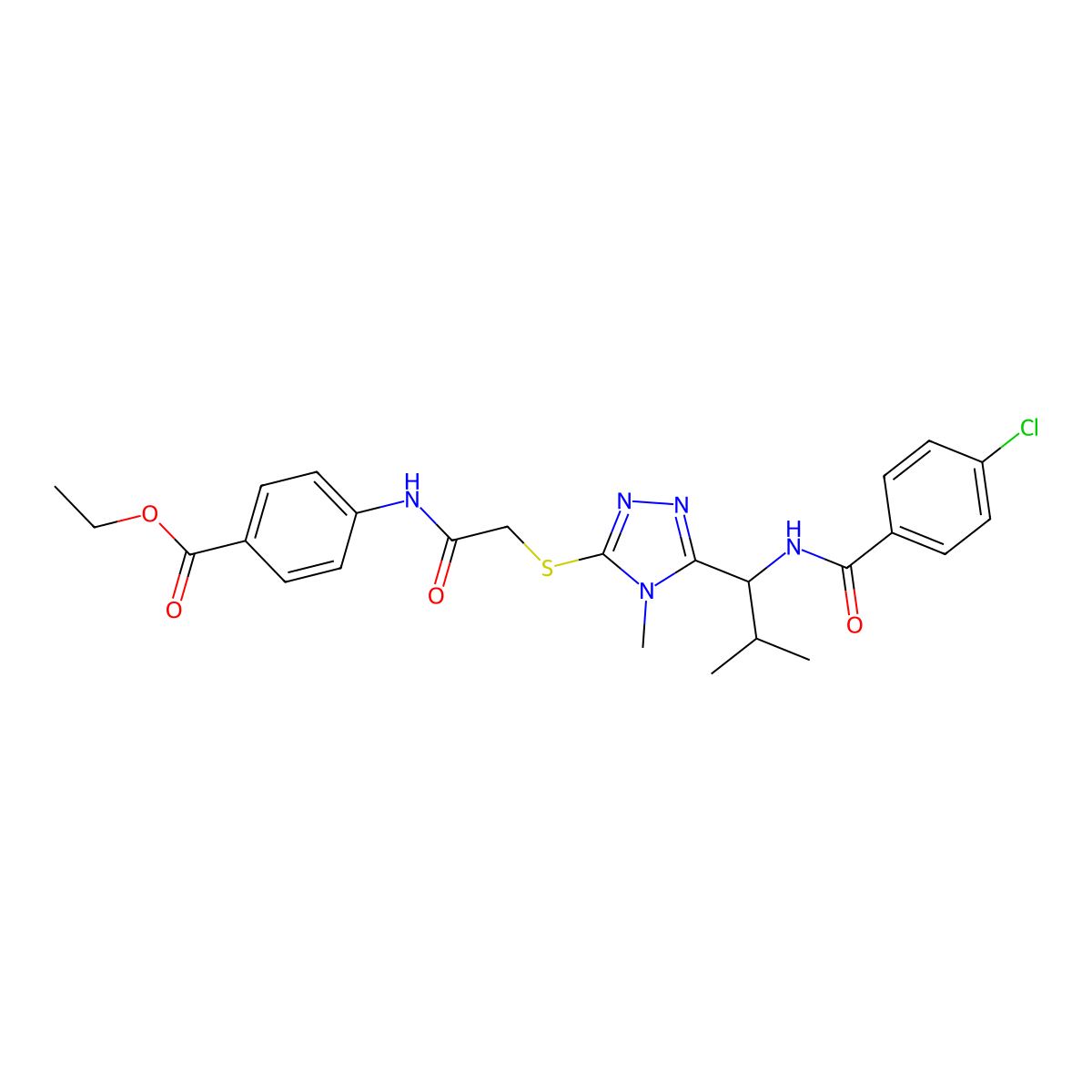 ethyl 4-[({[5-(1-{[(4-chlorophenyl)carbonyl]amino}-2-methylpropyl)-4-methyl-4H-1,2,4-triazol-3-yl]sulfanyl}acetyl)amino]benzoate molecular structure, CAS 694475-67-7