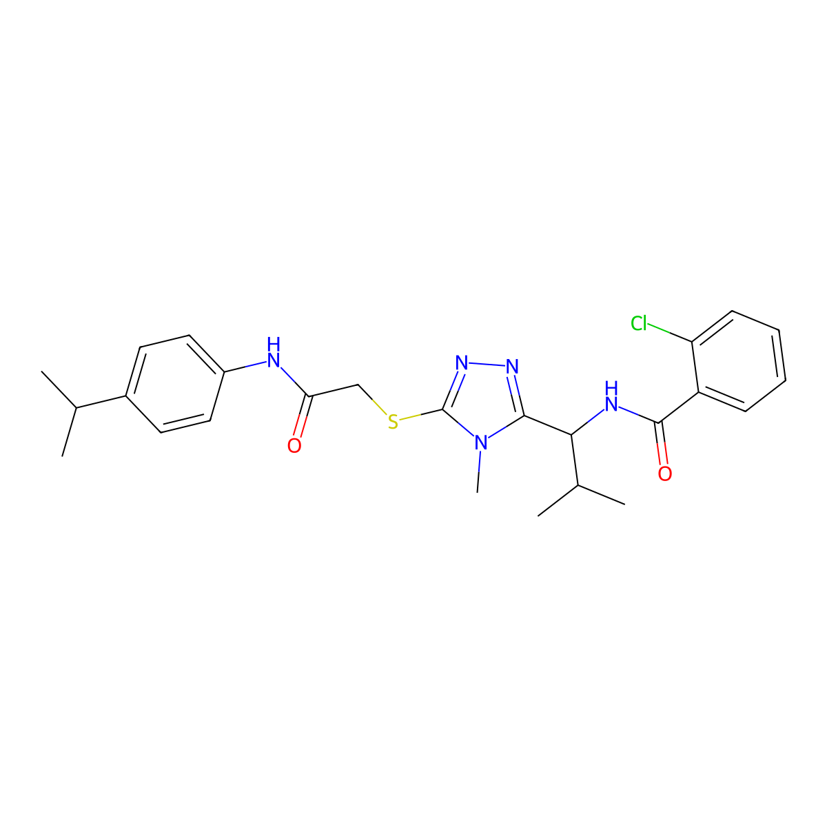 2-chloro-N-[2-methyl-1-[4-methyl-5-[2-oxo-2-(4-propan-2-ylanilino)ethyl]sulfanyl-1,2,4-triazol-3-yl]propyl]benzamide molecular structure, CAS 694476-85-2