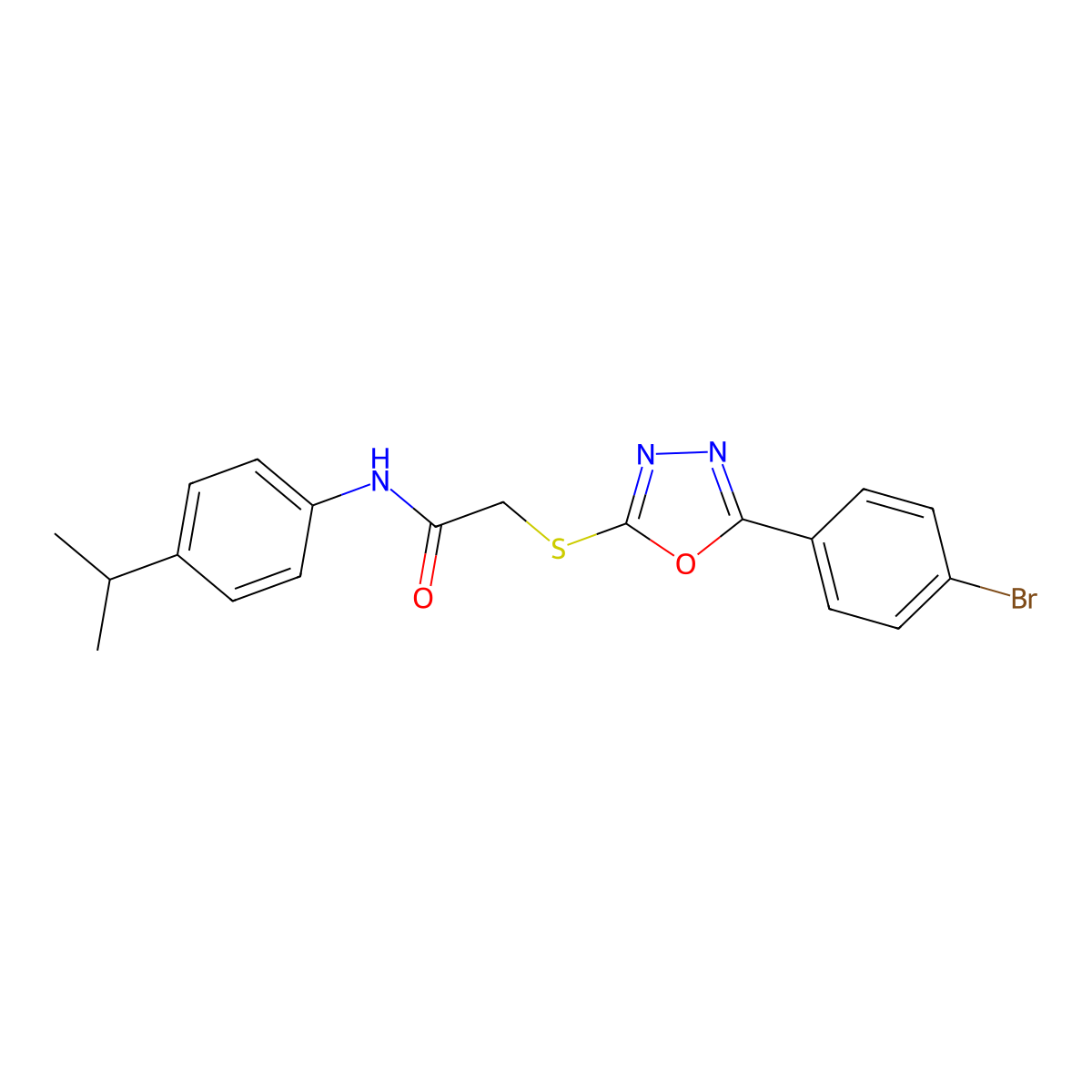 2-[[5-(4-bromophenyl)-1,3,4-oxadiazol-2-yl]sulfanyl]-N-(4-propan-2-ylphenyl)acetamide molecular structure, CAS 694478-43-8