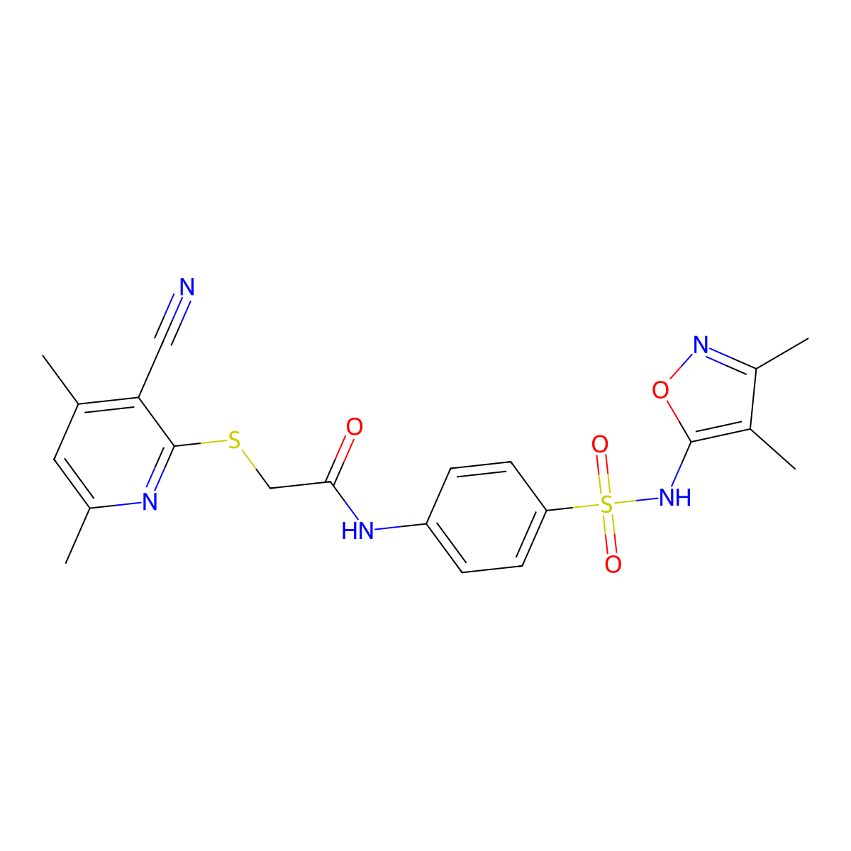 2-(3-cyano-4,6-dimethylpyridin-2-yl)sulfanyl-N-[4-[(3,4-dimethyl-1,2-oxazol-5-yl)sulfamoyl]phenyl]acetamide molecular structure, CAS 694478-70-1