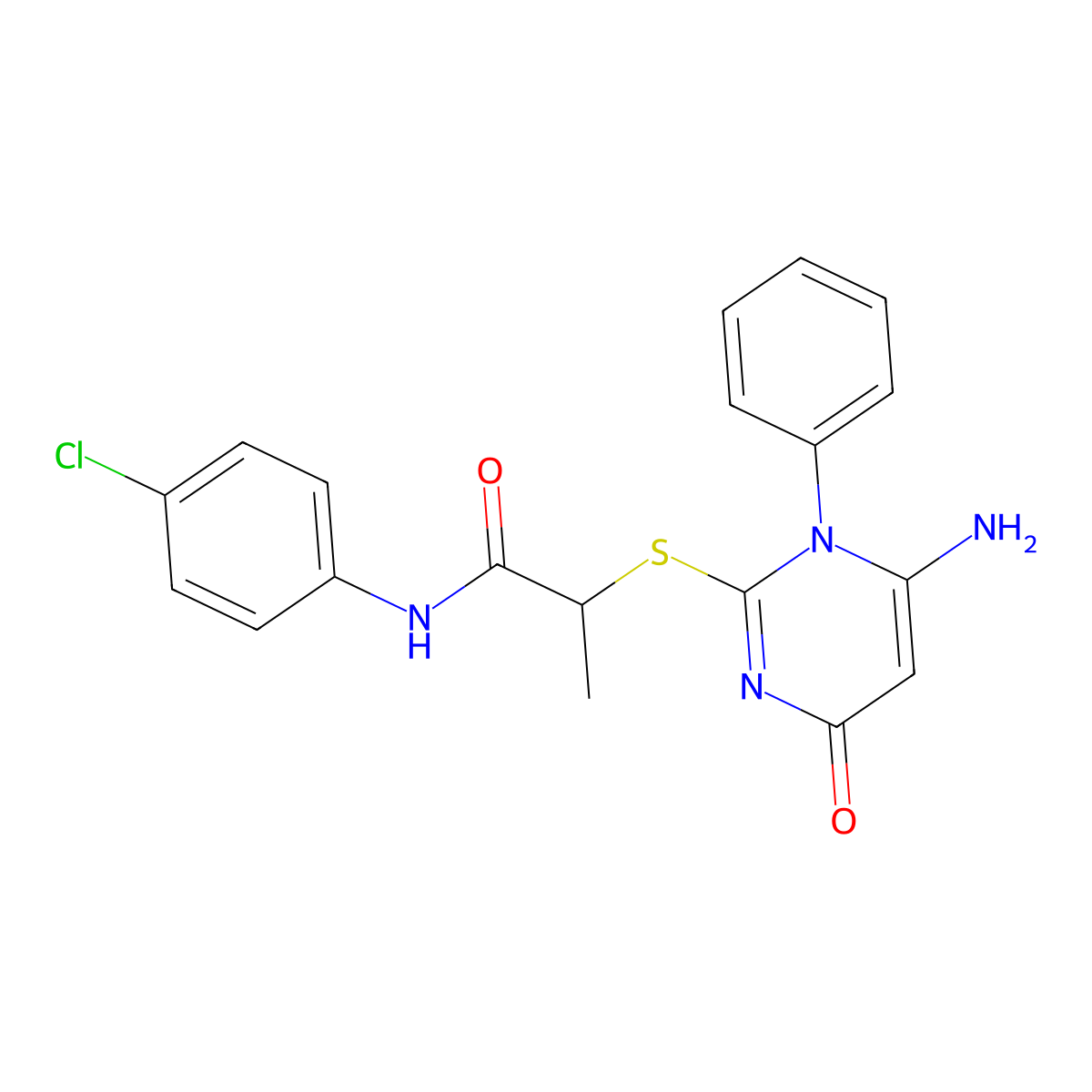 2-(6-amino-4-oxo-1-phenylpyrimidin-2-yl)sulfanyl-N-(4-chlorophenyl)propanamide molecular structure, CAS 694479-08-8