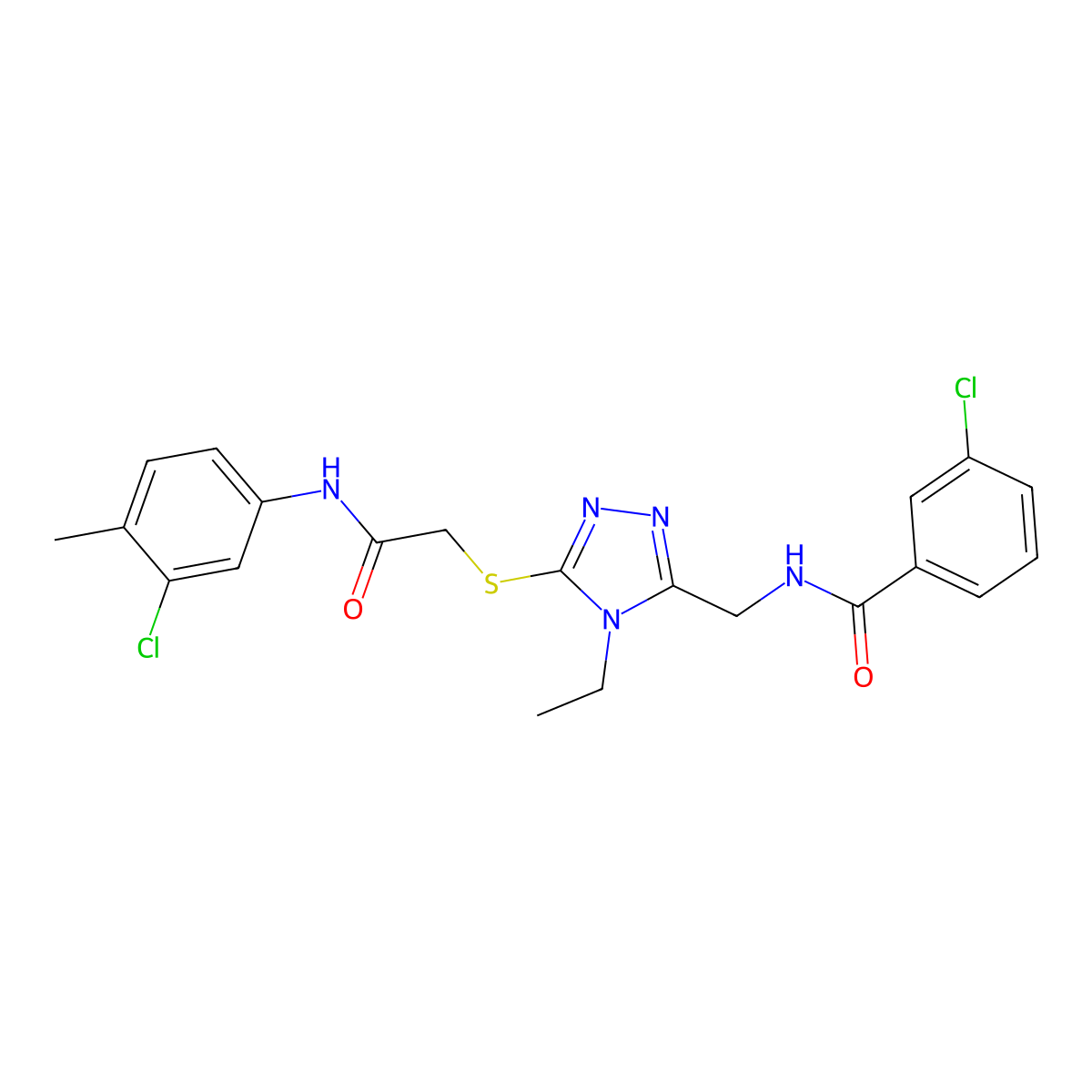 3-chloro-N-[[5-[2-(3-chloro-4-methylanilino)-2-oxoethyl]sulfanyl-4-ethyl-1,2,4-triazol-3-yl]methyl]benzamide molecular structure, CAS 694484-31-6