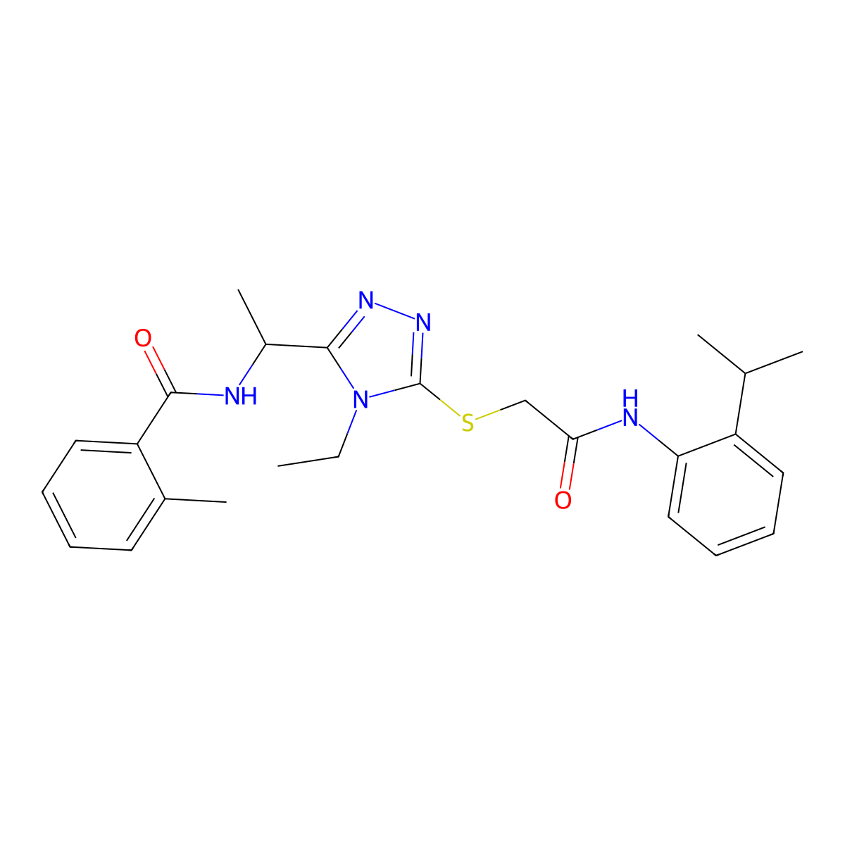 N-[1-[4-ethyl-5-[2-oxo-2-(2-propan-2-ylanilino)ethyl]sulfanyl-1,2,4-triazol-3-yl]ethyl]-2-methylbenzamide molecular structure, CAS 694484-32-7