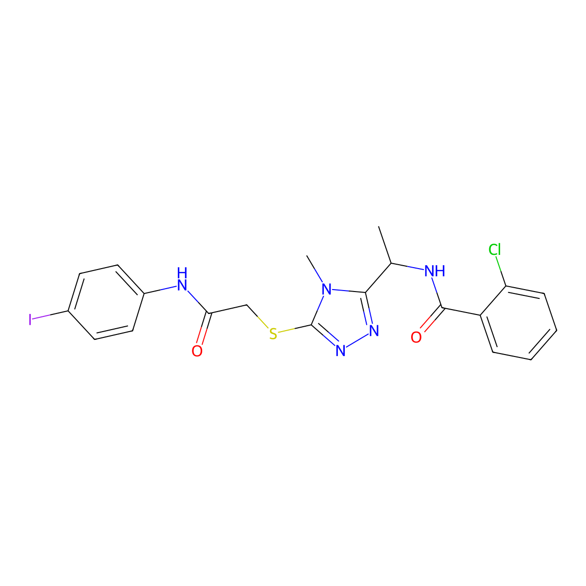 2-chloro-N-[1-[5-[2-(4-iodoanilino)-2-oxoethyl]sulfanyl-4-methyl-1,2,4-triazol-3-yl]ethyl]benzamide molecular structure, CAS 694484-58-7