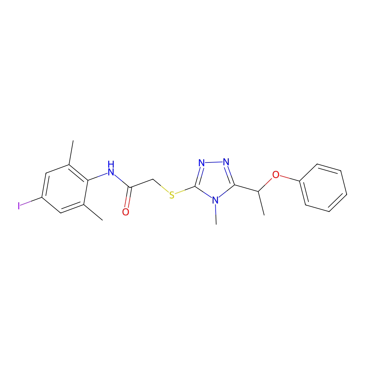 N-(4-iodo-2,6-dimethylphenyl)-2-{[4-methyl-5-(1-phenoxyethyl)-4H-1,2,4-triazol-3-yl]sulfanyl}acetamide molecular structure, CAS 694484-73-6