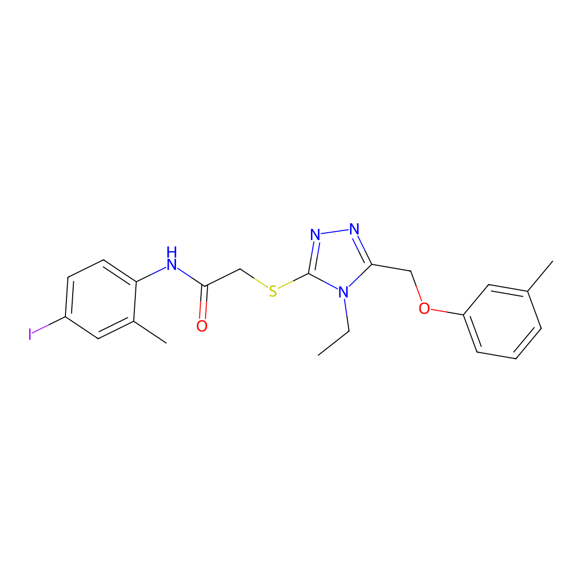 2-[[4-ethyl-5-[(3-methylphenoxy)methyl]-1,2,4-triazol-3-yl]sulfanyl]-N-(4-iodo-2-methylphenyl)acetamide molecular structure, CAS 694484-80-5