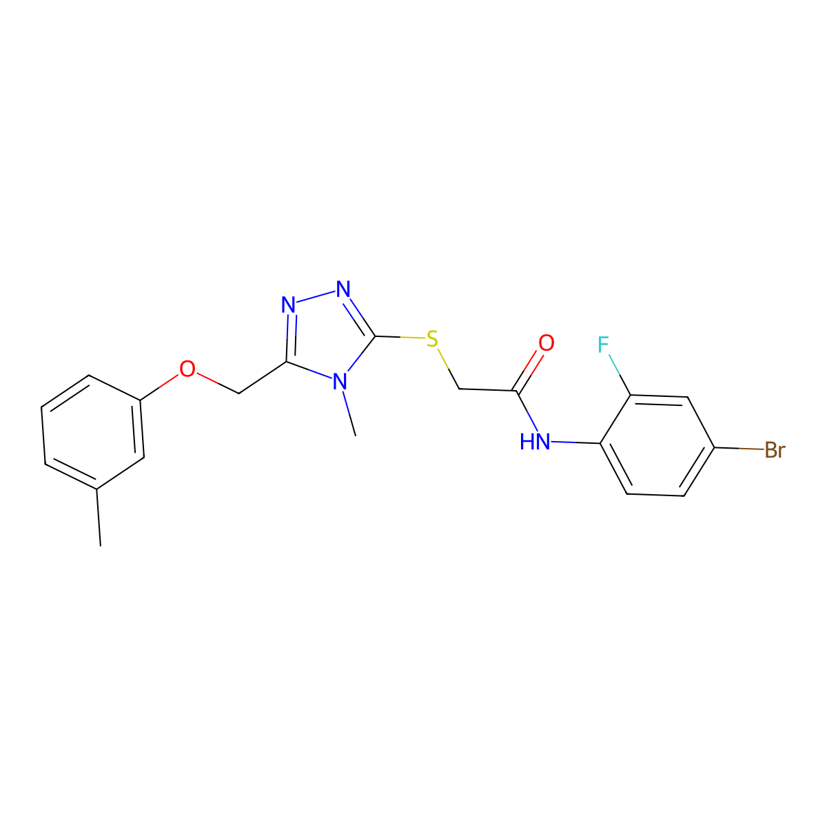 N-(4-bromo-2-fluorophenyl)-2-[[4-methyl-5-[(3-methylphenoxy)methyl]-1,2,4-triazol-3-yl]sulfanyl]acetamide molecular structure, CAS 694485-11-5