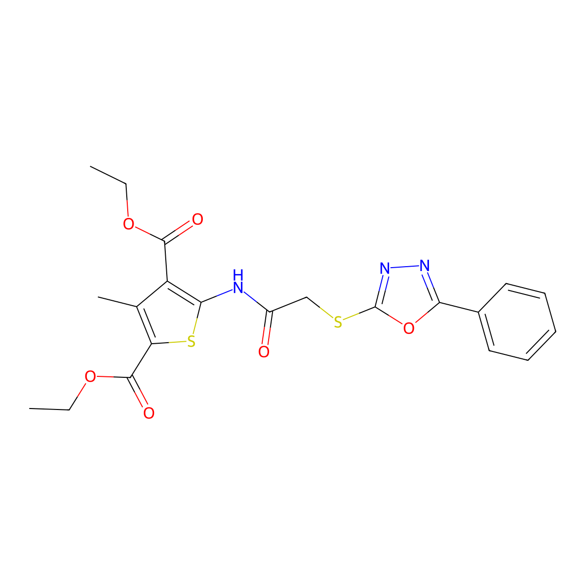 Diethyl3-methyl-5-({[(5-phenyl-1,3,4-oxadiazol-2-yl)thio]acetyl}amino)-2,4-thiophenedicarboxylate molecular structure, CAS 694485-14-8