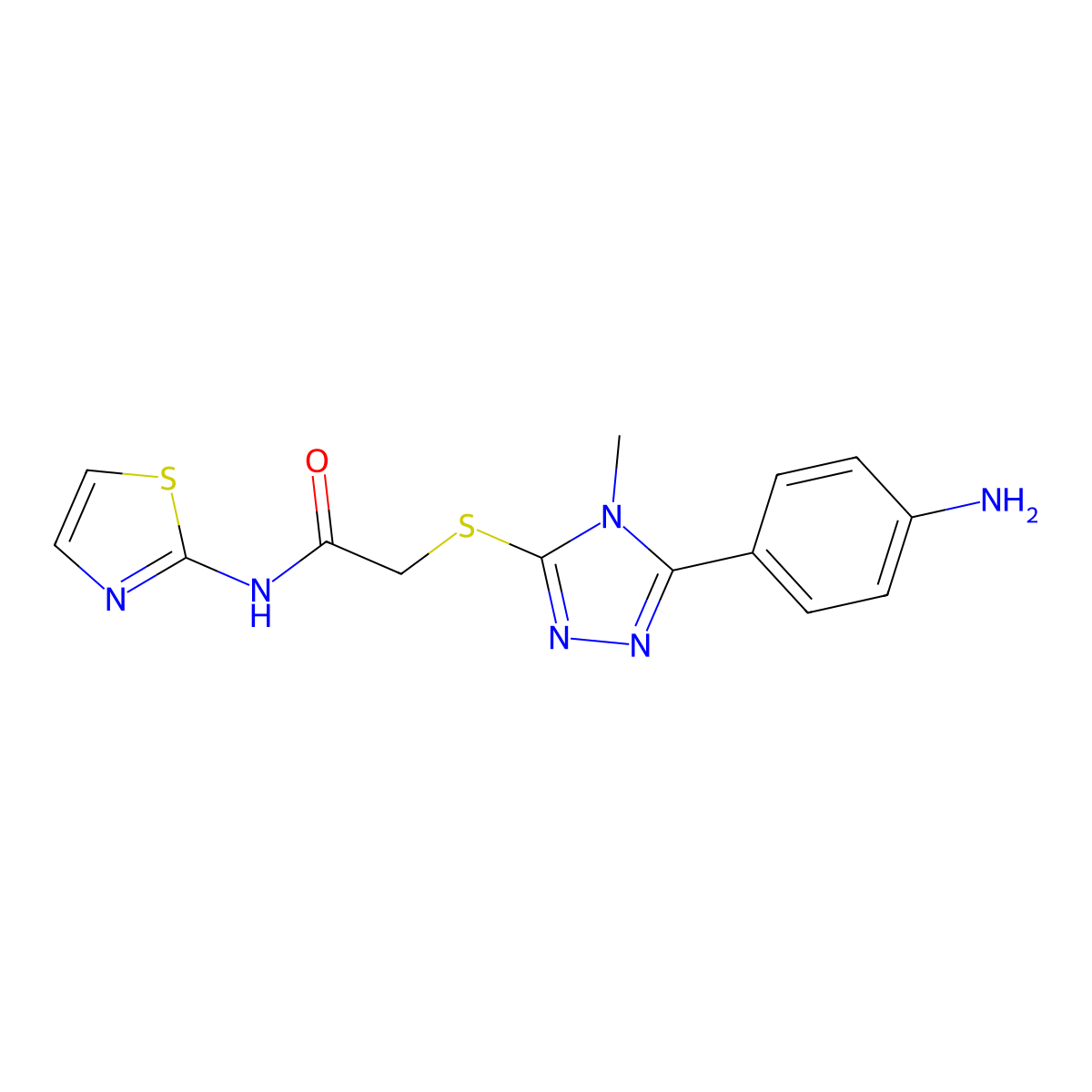 2-[[5-(4-aminophenyl)-4-methyl-1,2,4-triazol-3-yl]sulfanyl]-N-(1,3-thiazol-2-yl)acetamide molecular structure, CAS 694485-27-3