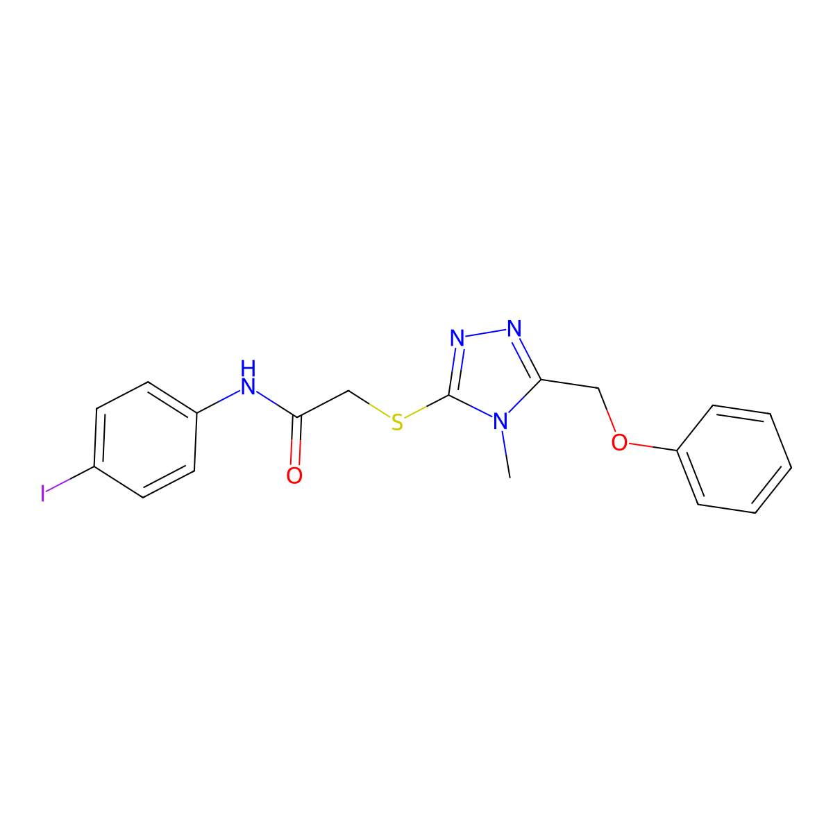 N-(4-iodophenyl)-2-[[4-methyl-5-(phenoxymethyl)-1,2,4-triazol-3-yl]sulfanyl]acetamide molecular structure, CAS 694485-68-2