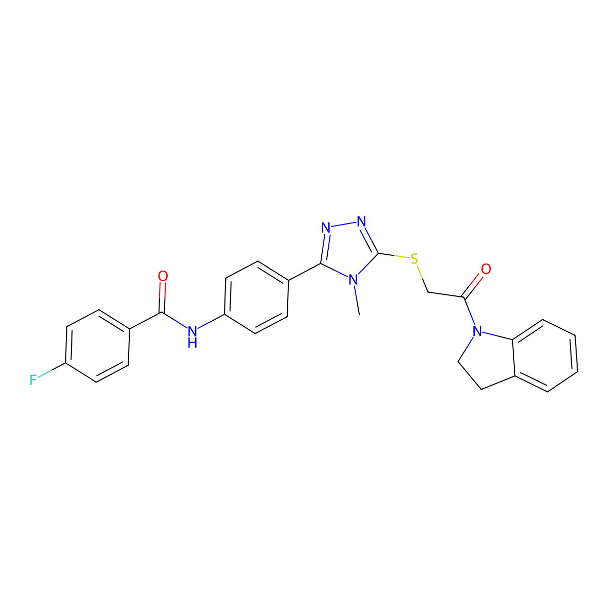N-[4-[5-[2-(2,3-dihydroindol-1-yl)-2-oxoethyl]sulfanyl-4-methyl-1,2,4-triazol-3-yl]phenyl]-4-fluorobenzamide molecular structure, CAS 694486-20-9