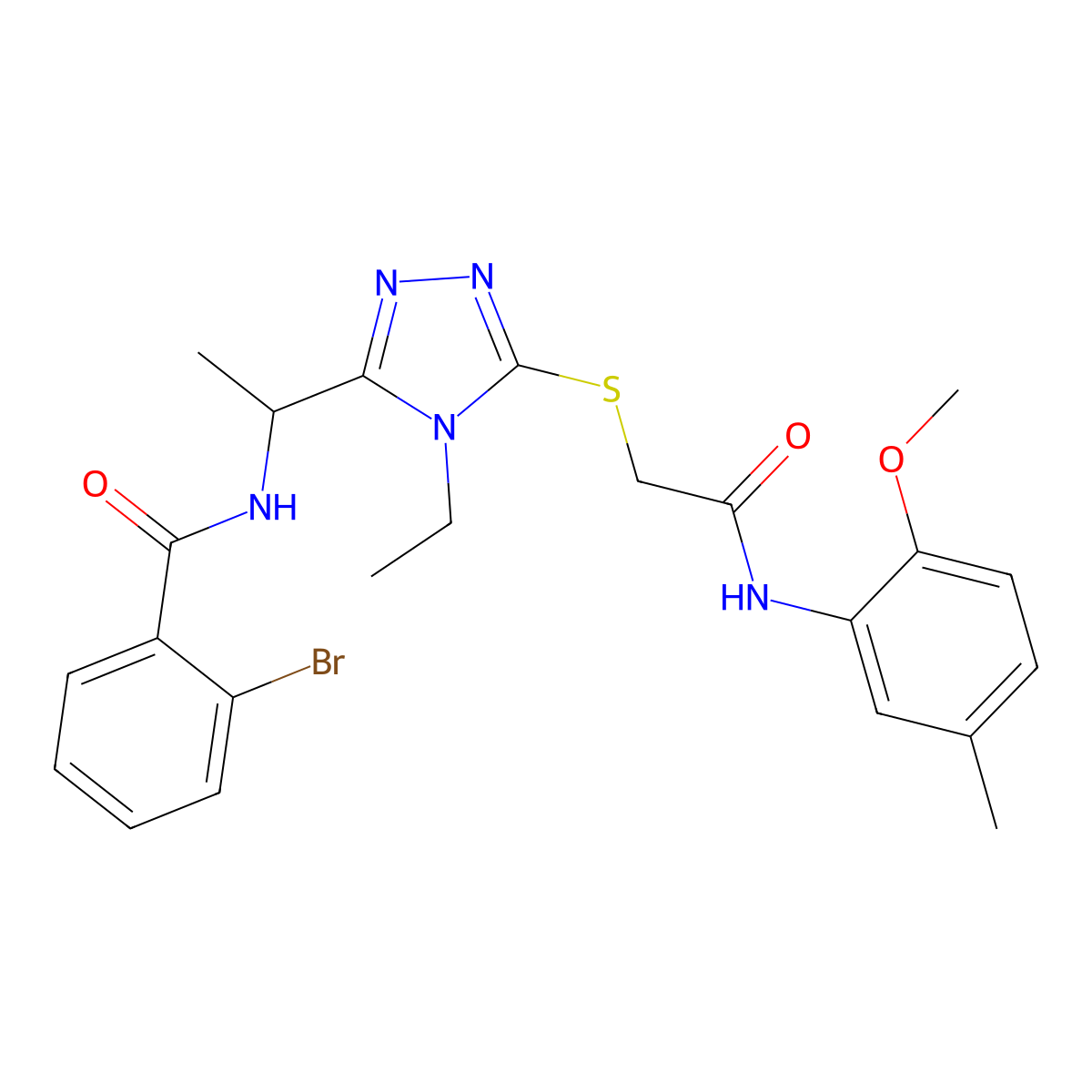 2-bromo-N-[1-[4-ethyl-5-[2-(2-methoxy-5-methylanilino)-2-oxoethyl]sulfanyl-1,2,4-triazol-3-yl]ethyl]benzamide molecular structure, CAS 694486-41-4
