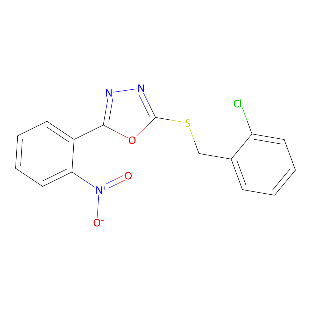 2-[(2-Chlorophenyl)methylsulfanyl]-5-(2-nitrophenyl)-1,3,4-oxadiazole molecular structure, CAS 694486-43-6