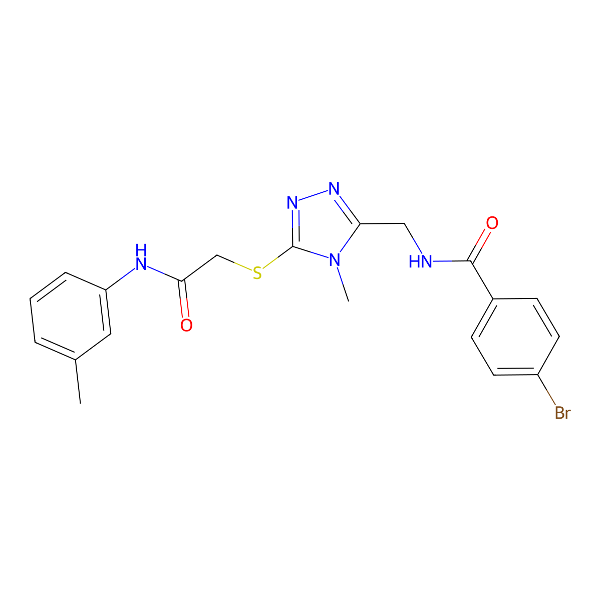 4-bromo-N-[[4-methyl-5-[2-(3-methylanilino)-2-oxoethyl]sulfanyl-1,2,4-triazol-3-yl]methyl]benzamide molecular structure, CAS 694486-67-4