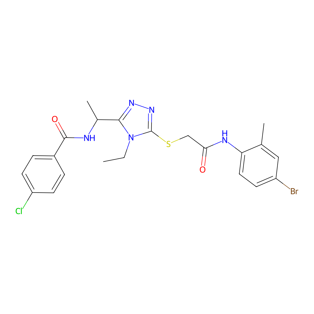 N-[1-[5-[2-(4-bromo-2-methylanilino)-2-oxoethyl]sulfanyl-4-ethyl-1,2,4-triazol-3-yl]ethyl]-4-chlorobenzamide molecular structure, CAS 694487-02-0
