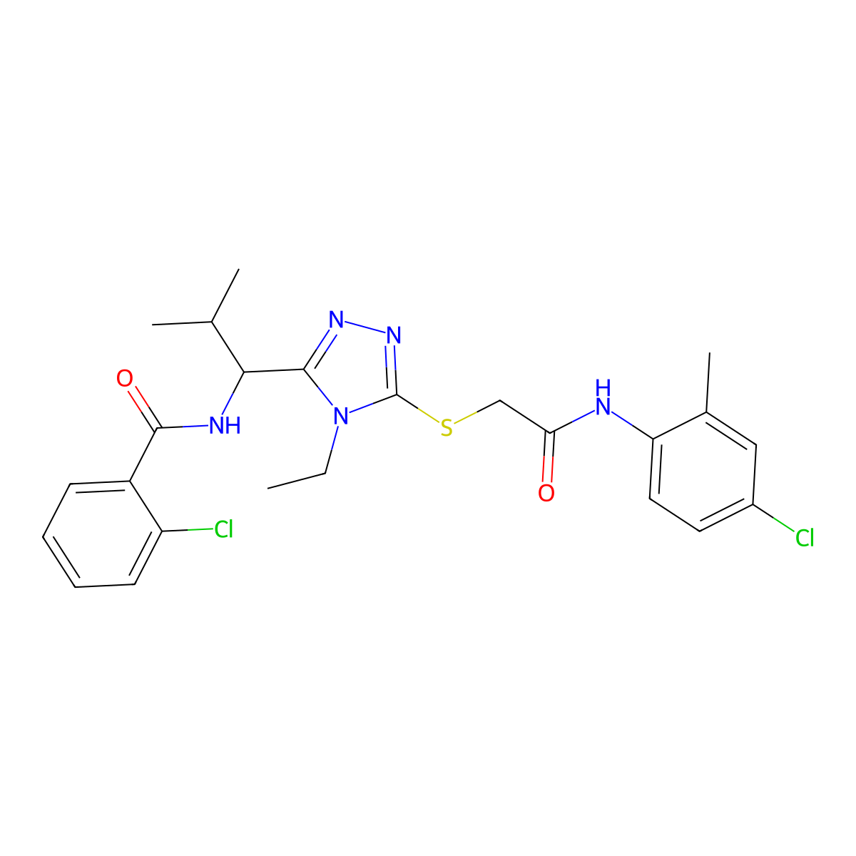 2-chloro-N-[1-[5-[2-(4-chloro-2-methylanilino)-2-oxoethyl]sulfanyl-4-ethyl-1,2,4-triazol-3-yl]-2-methylpropyl]benzamide molecular structure, CAS 694487-08-6
