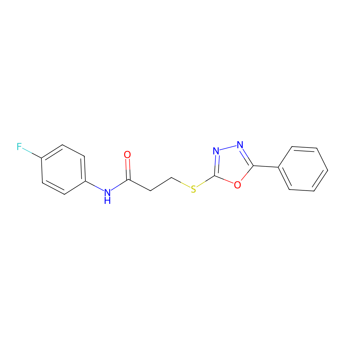 N-(4-fluorophenyl)-3-[(5-phenyl-1,3,4-oxadiazol-2-yl)sulfanyl]propanamide molecular structure, CAS 694487-17-7