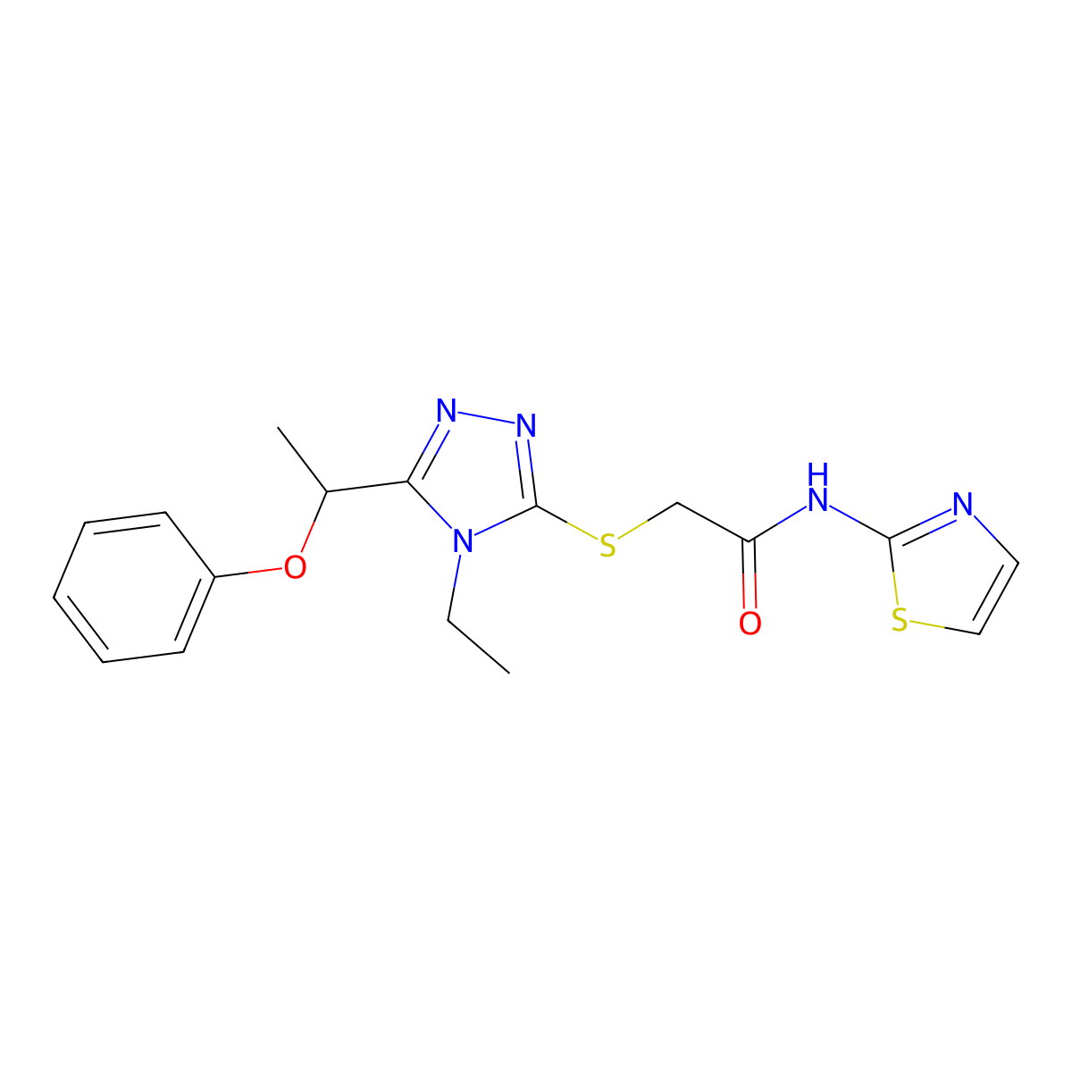 2-[[4-ethyl-5-(1-phenoxyethyl)-1,2,4-triazol-3-yl]sulfanyl]-N-(1,3-thiazol-2-yl)acetamide molecular structure, CAS 694487-42-8