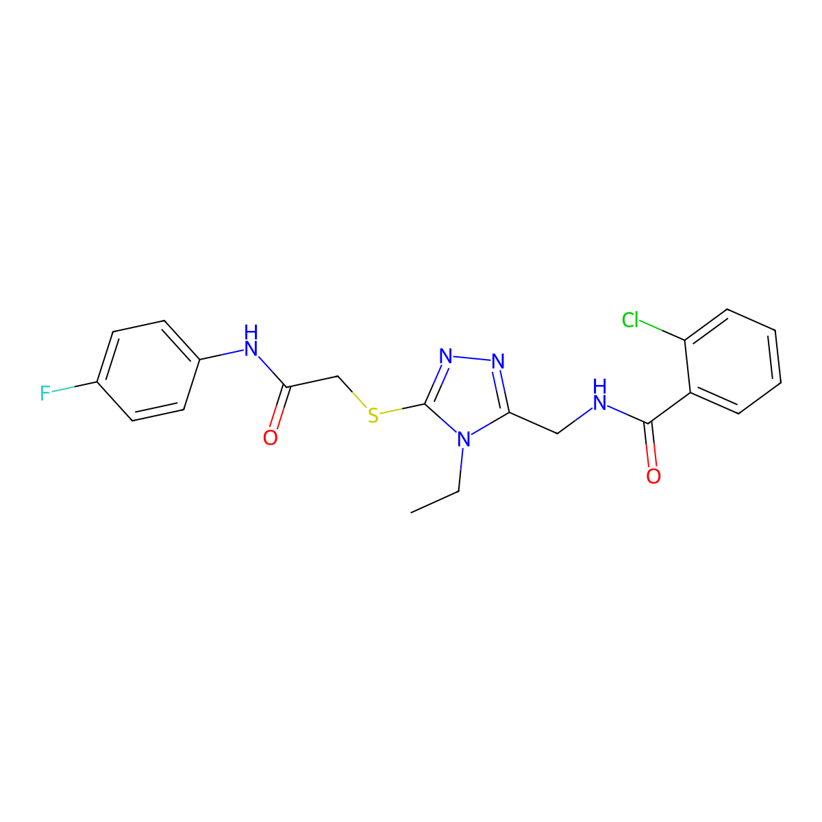 2-chloro-N-[[4-ethyl-5-[2-(4-fluoroanilino)-2-oxoethyl]sulfanyl-1,2,4-triazol-3-yl]methyl]benzamide molecular structure, CAS 694487-48-4