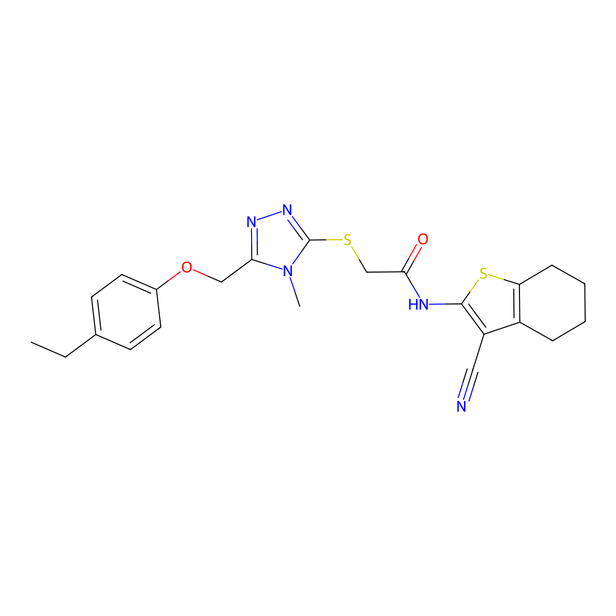 N-(3-cyano-4,5,6,7-tetrahydro-1-benzothiophen-2-yl)-2-[[5-[(4-ethylphenoxy)methyl]-4-methyl-1,2,4-triazol-3-yl]sulfanyl]acetamide molecular structure, CAS 694487-52-0