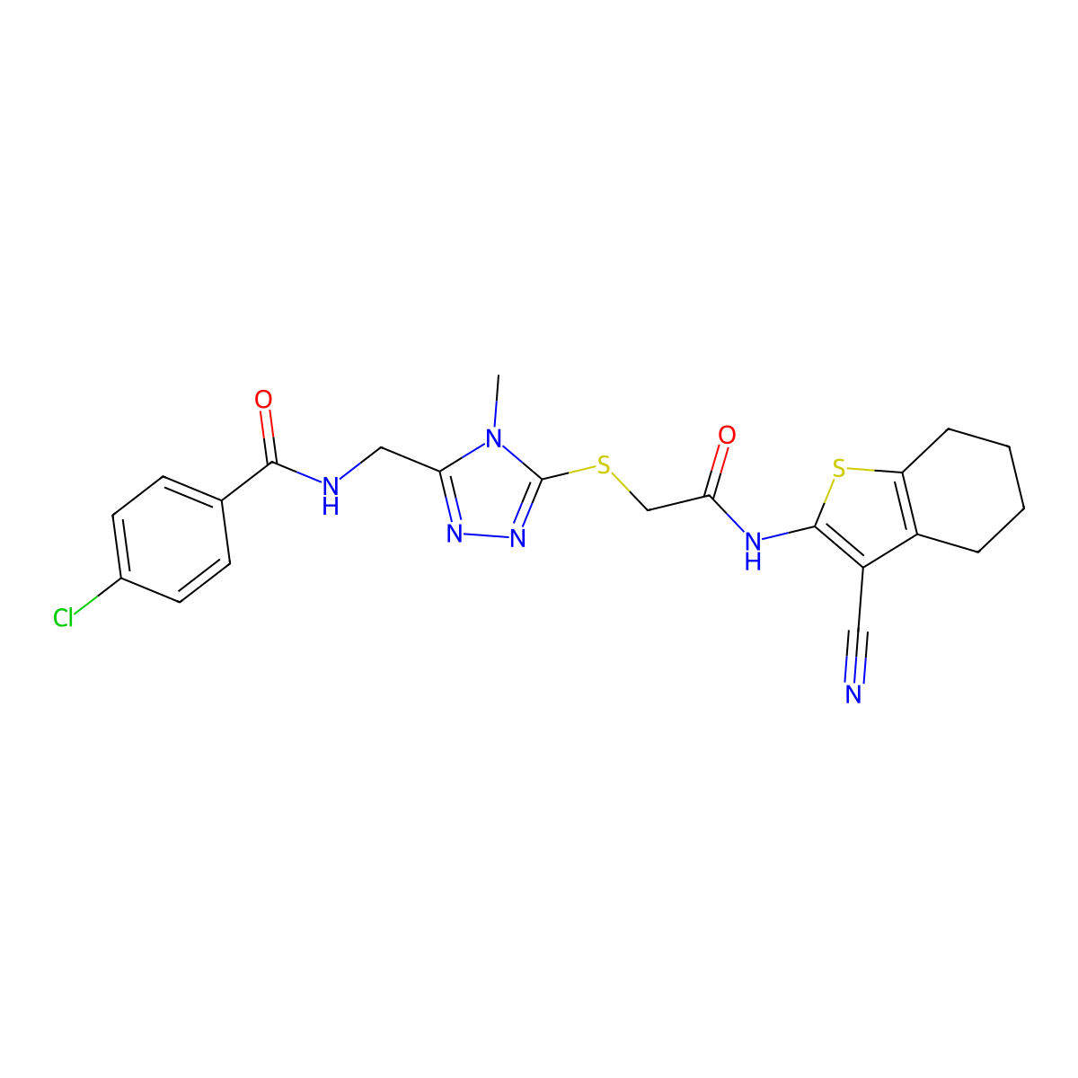 4-chloro-N-[[5-[2-[(3-cyano-4,5,6,7-tetrahydro-1-benzothiophen-2-yl)amino]-2-oxoethyl]sulfanyl-4-methyl-1,2,4-triazol-3-yl]methyl]benzamide molecular structure, CAS 694487-61-1