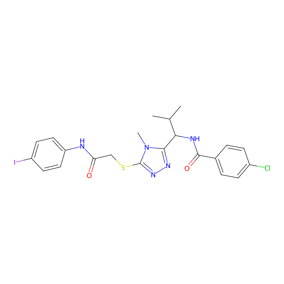 4-chloro-N-[1-[5-[2-(4-iodoanilino)-2-oxoethyl]sulfanyl-4-methyl-1,2,4-triazol-3-yl]-2-methylpropyl]benzamide molecular structure, CAS 694487-67-7
