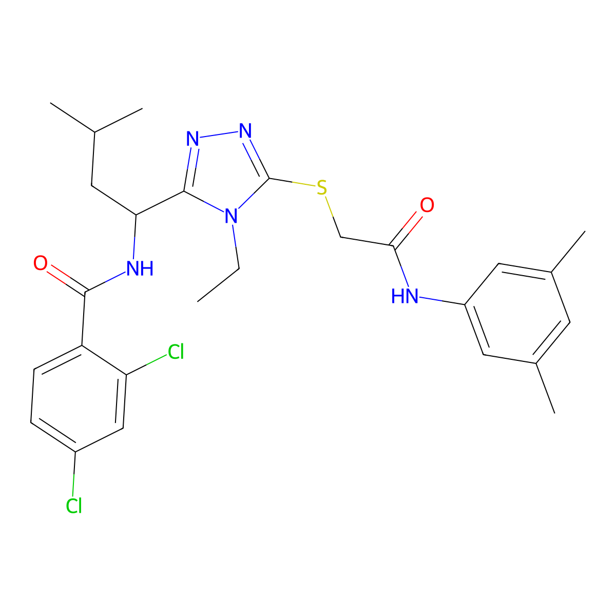 2,4-dichloro-N-[1-[5-[2-(3,5-dimethylanilino)-2-oxoethyl]sulfanyl-4-ethyl-1,2,4-triazol-3-yl]-3-methylbutyl]benzamide molecular structure, CAS 694487-87-1