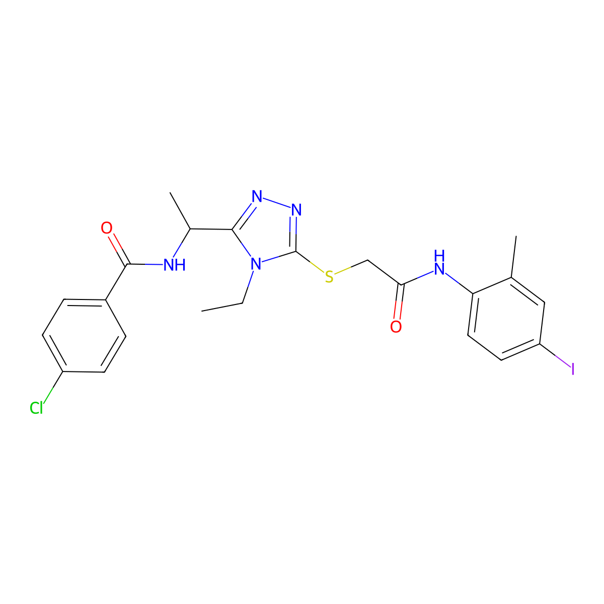 4-chloro-N-[1-[4-ethyl-5-[2-(4-iodo-2-methylanilino)-2-oxoethyl]sulfanyl-1,2,4-triazol-3-yl]ethyl]benzamide molecular structure, CAS 694488-17-0