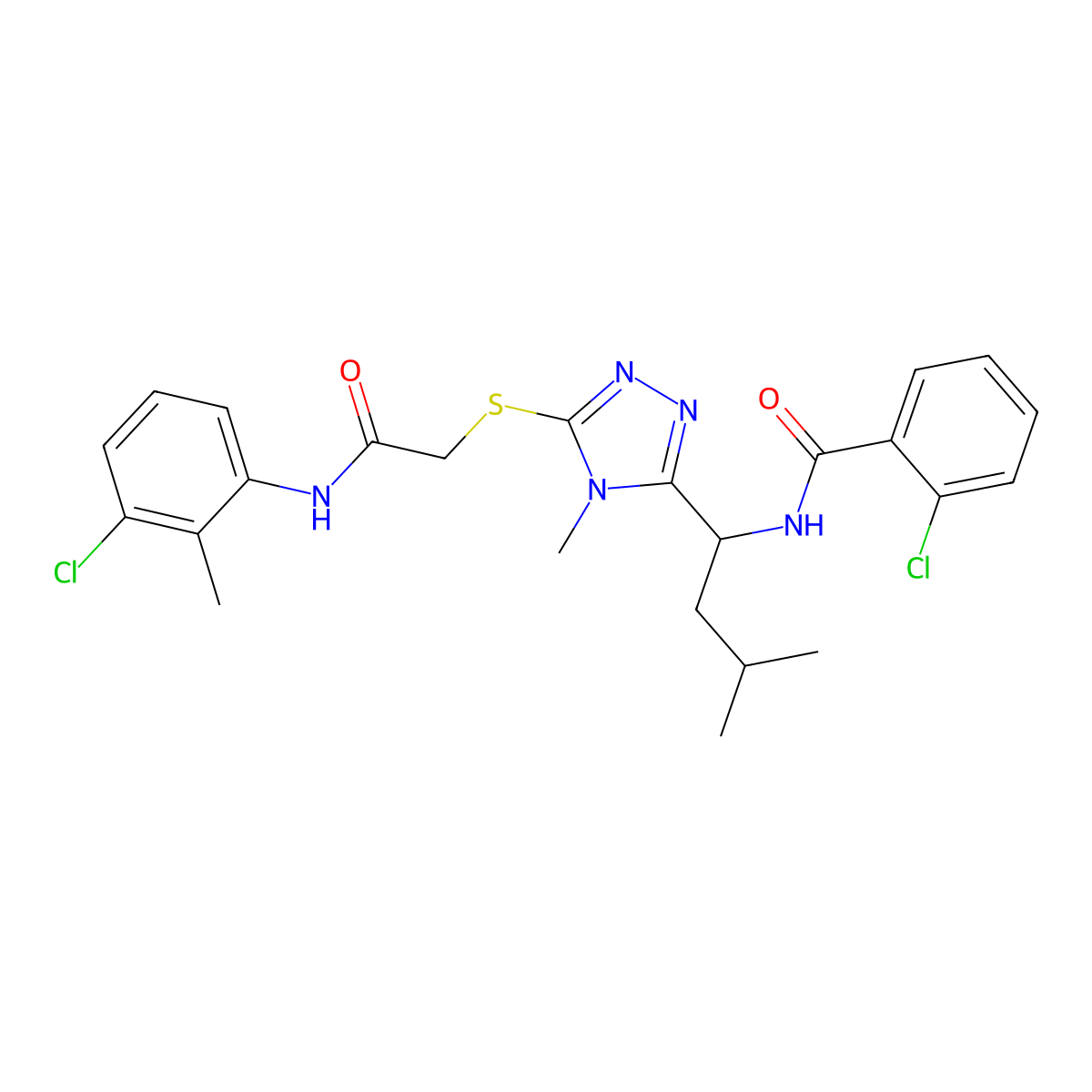 2-chloro-N-[1-[5-[2-(3-chloro-2-methylanilino)-2-oxoethyl]sulfanyl-4-methyl-1,2,4-triazol-3-yl]-3-methylbutyl]benzamide molecular structure, CAS 694488-44-3