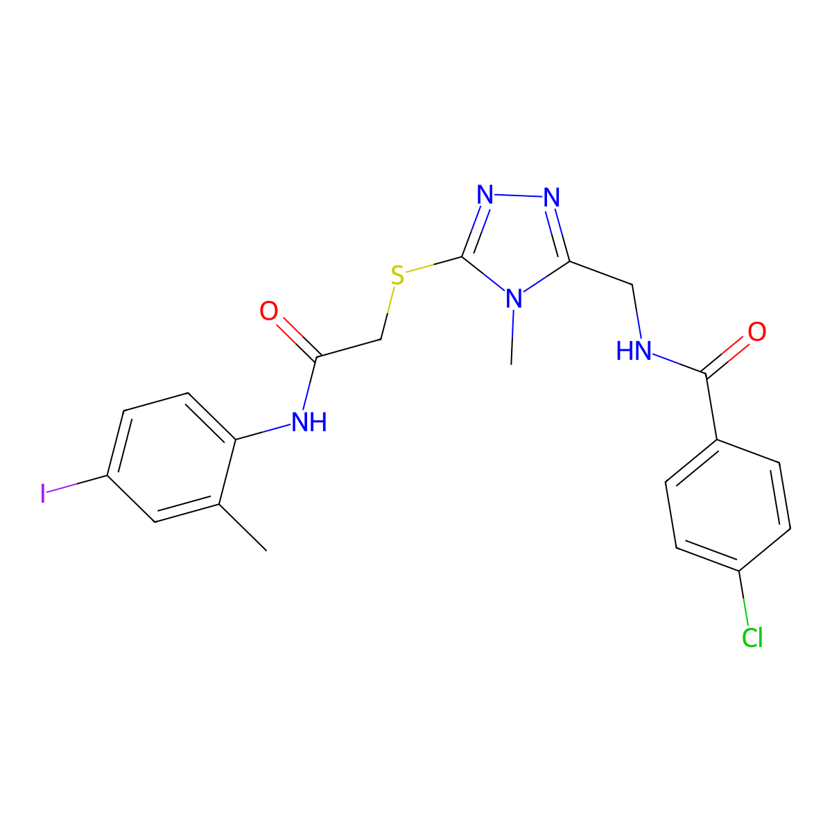 4-chloro-N-[[5-[2-(4-iodo-2-methylanilino)-2-oxoethyl]sulfanyl-4-methyl-1,2,4-triazol-3-yl]methyl]benzamide molecular structure, CAS 694496-62-3