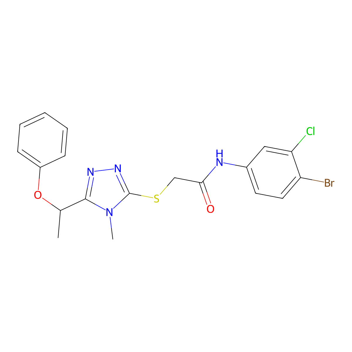 N-(4-bromo-3-chlorophenyl)-2-[[4-methyl-5-(1-phenoxyethyl)-1,2,4-triazol-3-yl]sulfanyl]acetamide molecular structure, CAS 694497-34-2