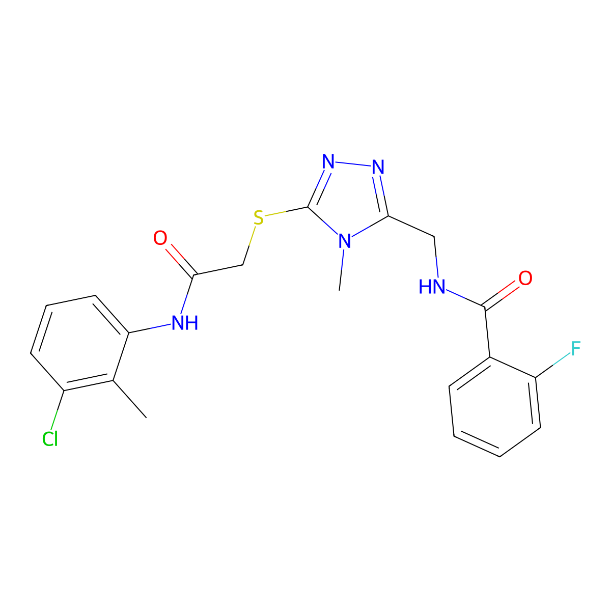 N-[[5-[2-(3-chloro-2-methylanilino)-2-oxoethyl]sulfanyl-4-methyl-1,2,4-triazol-3-yl]methyl]-2-fluorobenzamide molecular structure, CAS 694499-09-7
