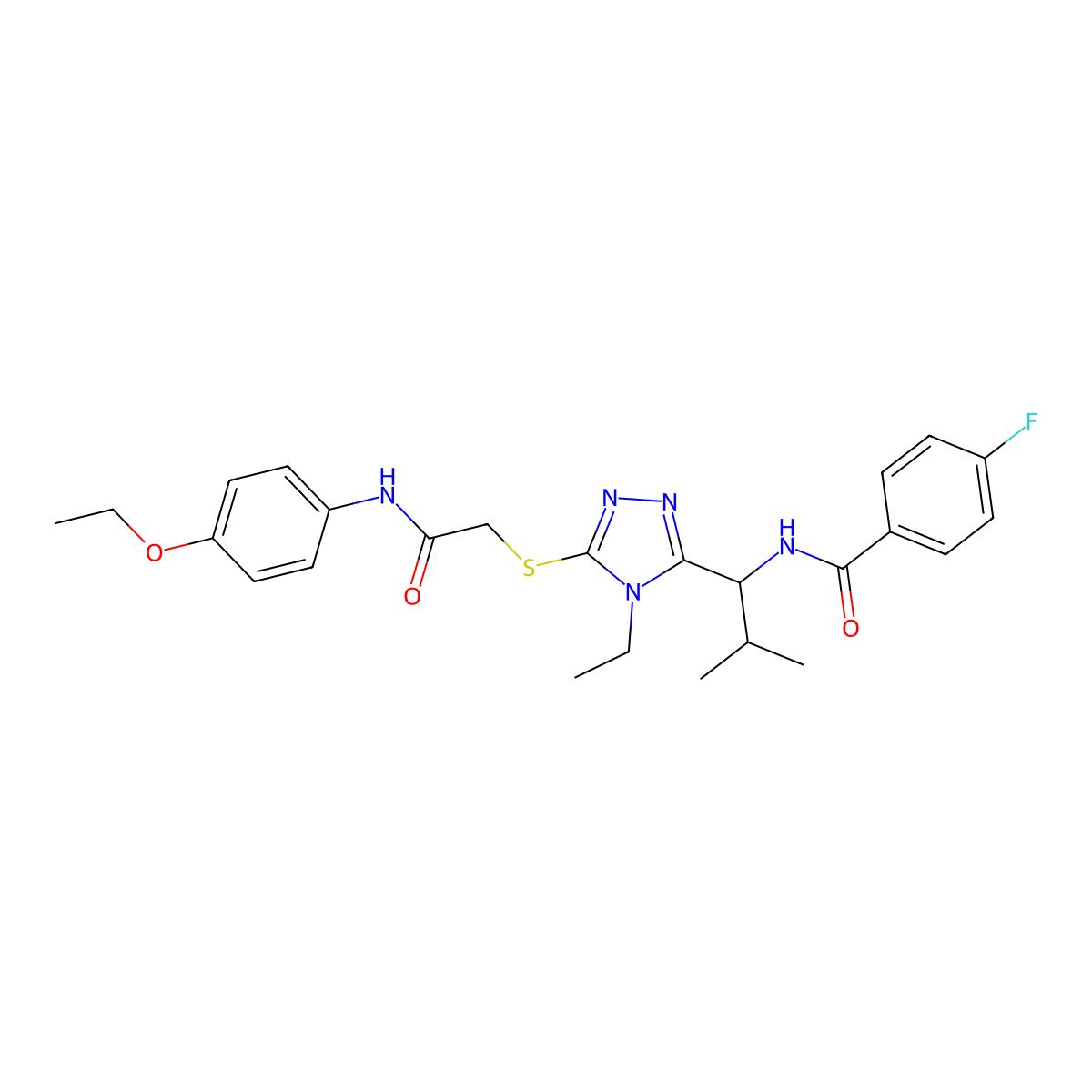 N-{1-[5-({2-[(4-ethoxyphenyl)amino]-2-oxoethyl}sulfanyl)-4-ethyl-4H-1,2,4-triazol-3-yl]-2-methylpropyl}-4-fluorobenzamide molecular structure, CAS 694499-31-5