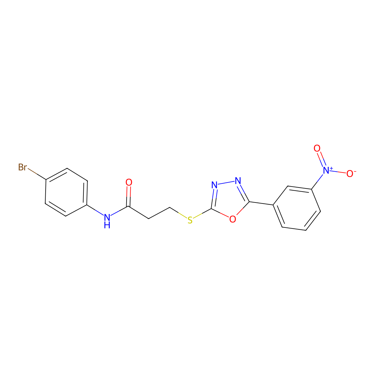 N-(4-bromophenyl)-3-[[5-(3-nitrophenyl)-1,3,4-oxadiazol-2-yl]sulfanyl]propanamide molecular structure, CAS 694499-40-6