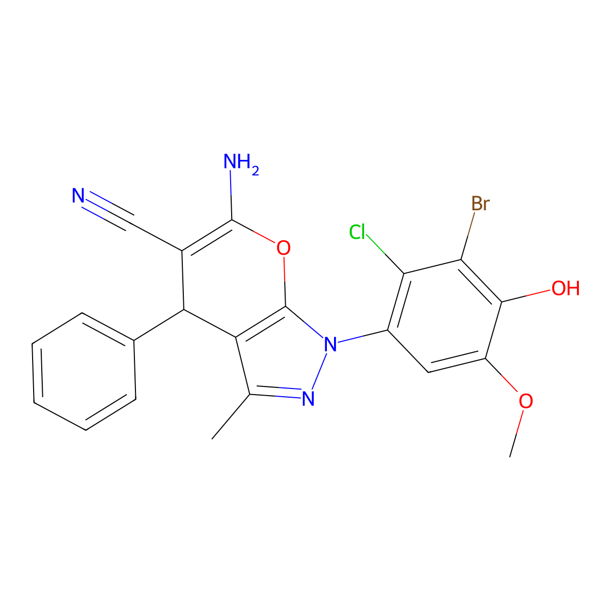 6-Amino-1-(3-bromo-2-chloro-4-hydroxy-5-methoxyphenyl)-3-methyl-4-phenyl-1,4-dihydropyrano[2,3-c]pyrazole-5-carbonitrile molecular structure, CAS 694500-34-0