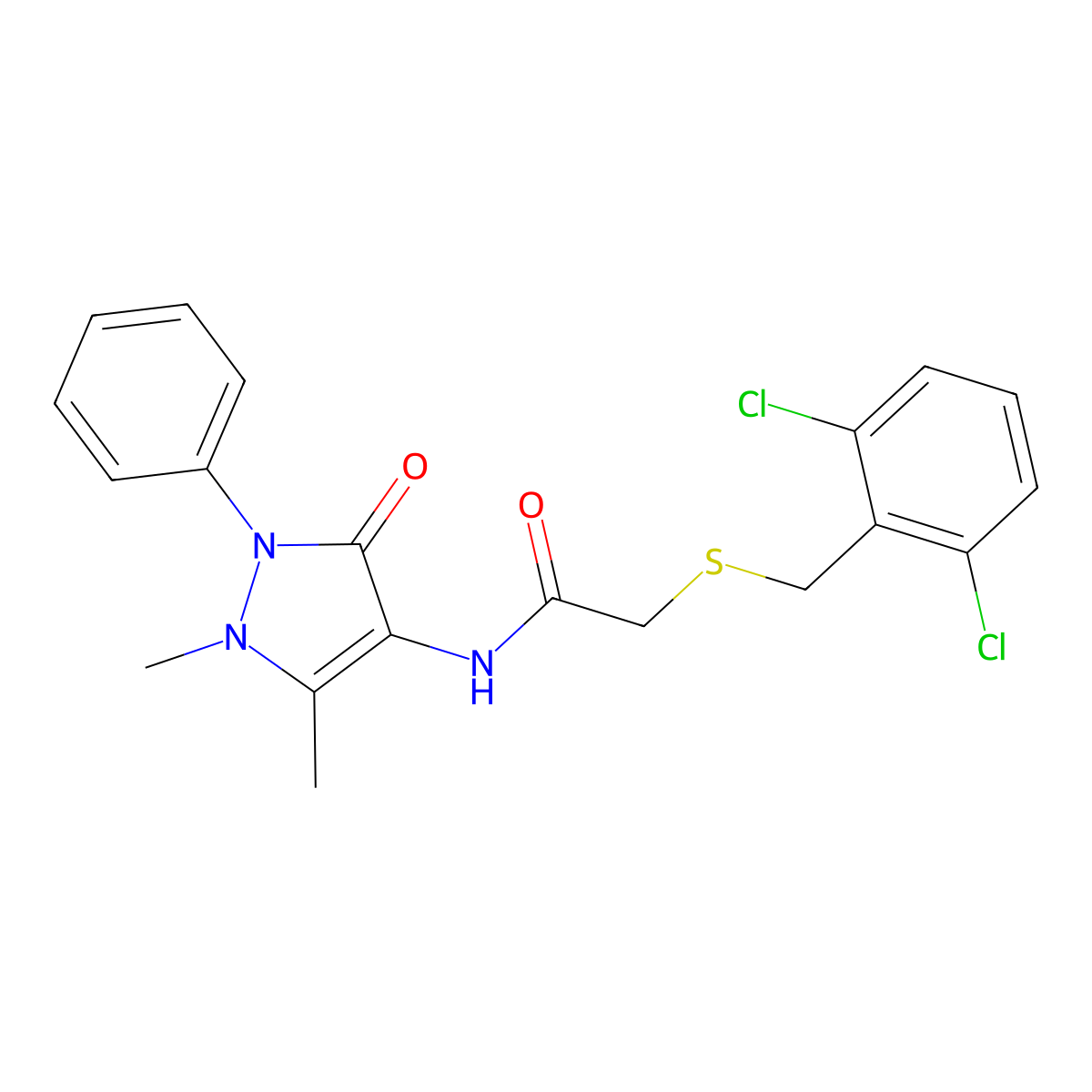 2-[(2,6-dichlorophenyl)methylsulfanyl]-N-(1,5-dimethyl-3-oxo-2-phenylpyrazol-4-yl)acetamide molecular structure, CAS 694501-00-3