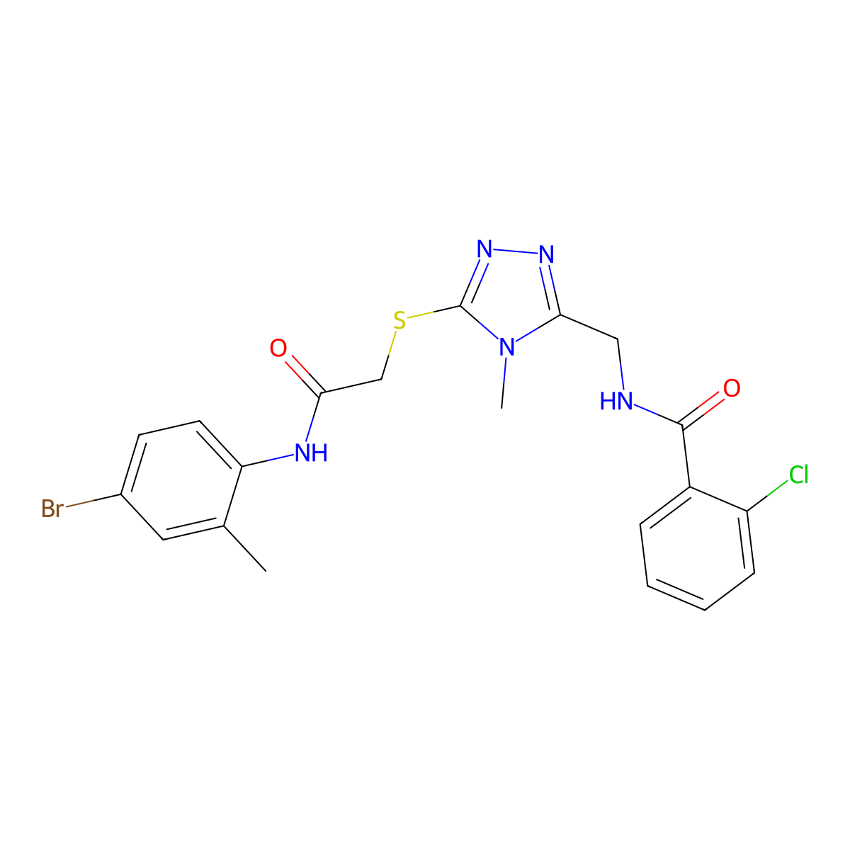 N-[[5-[2-(4-bromo-2-methylanilino)-2-oxoethyl]sulfanyl-4-methyl-1,2,4-triazol-3-yl]methyl]-2-chlorobenzamide molecular structure, CAS 694501-28-5