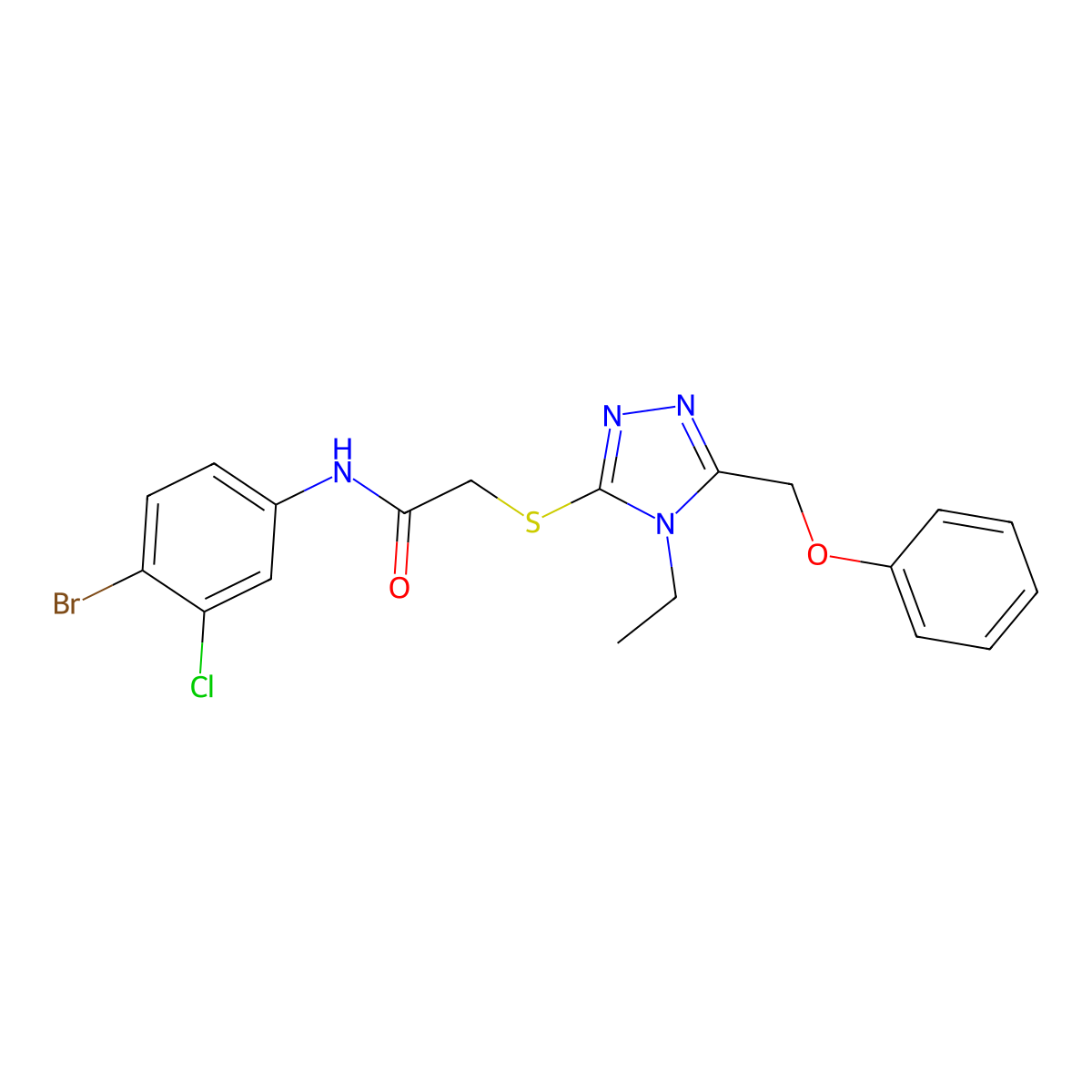 N-(4-bromo-3-chlorophenyl)-2-[[4-ethyl-5-(phenoxymethyl)-1,2,4-triazol-3-yl]sulfanyl]acetamide molecular structure, CAS 694501-30-9