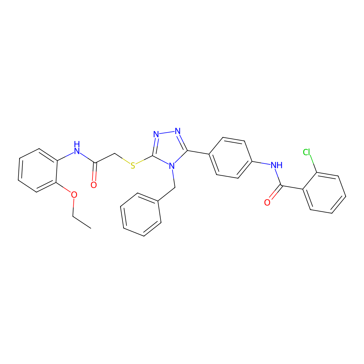 N-[4-[4-benzyl-5-[2-(2-ethoxyanilino)-2-oxoethyl]sulfanyl-1,2,4-triazol-3-yl]phenyl]-2-chlorobenzamide molecular structure, CAS 694501-69-4