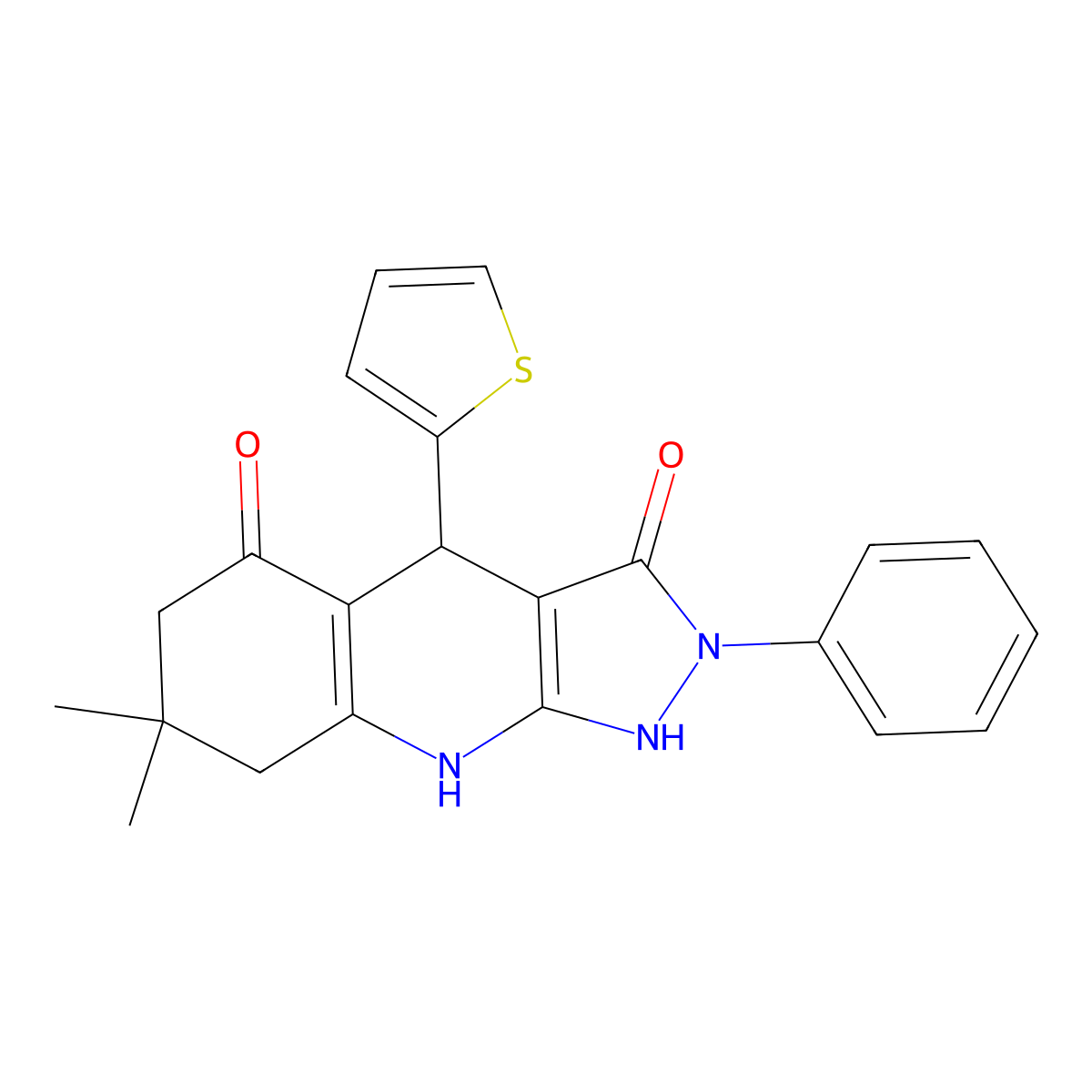 3-hydroxy-7,7-dimethyl-2-phenyl-4-(thiophen-2-yl)-2,4,6,7,8,9-hexahydro-5H-pyrazolo[3,4-b]quinolin-5-one molecular structure, CAS 694502-19-7