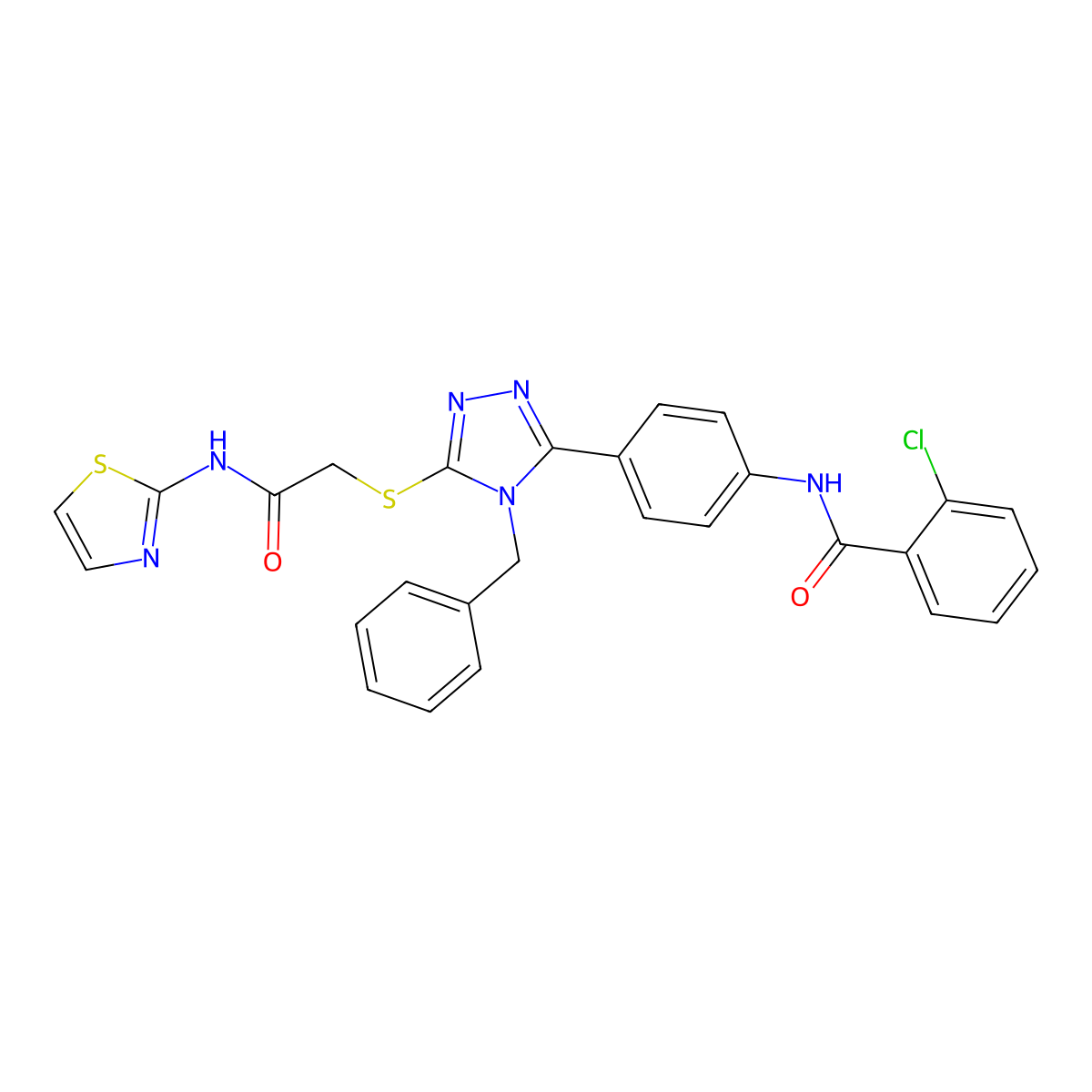 N-[4-[4-benzyl-5-[2-oxo-2-(1,3-thiazol-2-ylamino)ethyl]sulfanyl-1,2,4-triazol-3-yl]phenyl]-2-chlorobenzamide molecular structure, CAS 694502-20-0