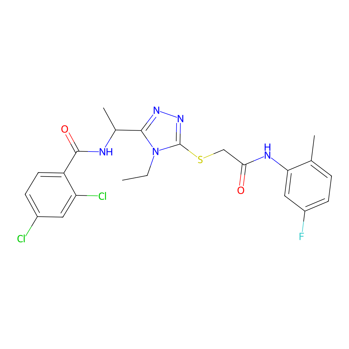 2,4-dichloro-N-[1-[4-ethyl-5-[2-(5-fluoro-2-methylanilino)-2-oxoethyl]sulfanyl-1,2,4-triazol-3-yl]ethyl]benzamide molecular structure, CAS 694502-37-9