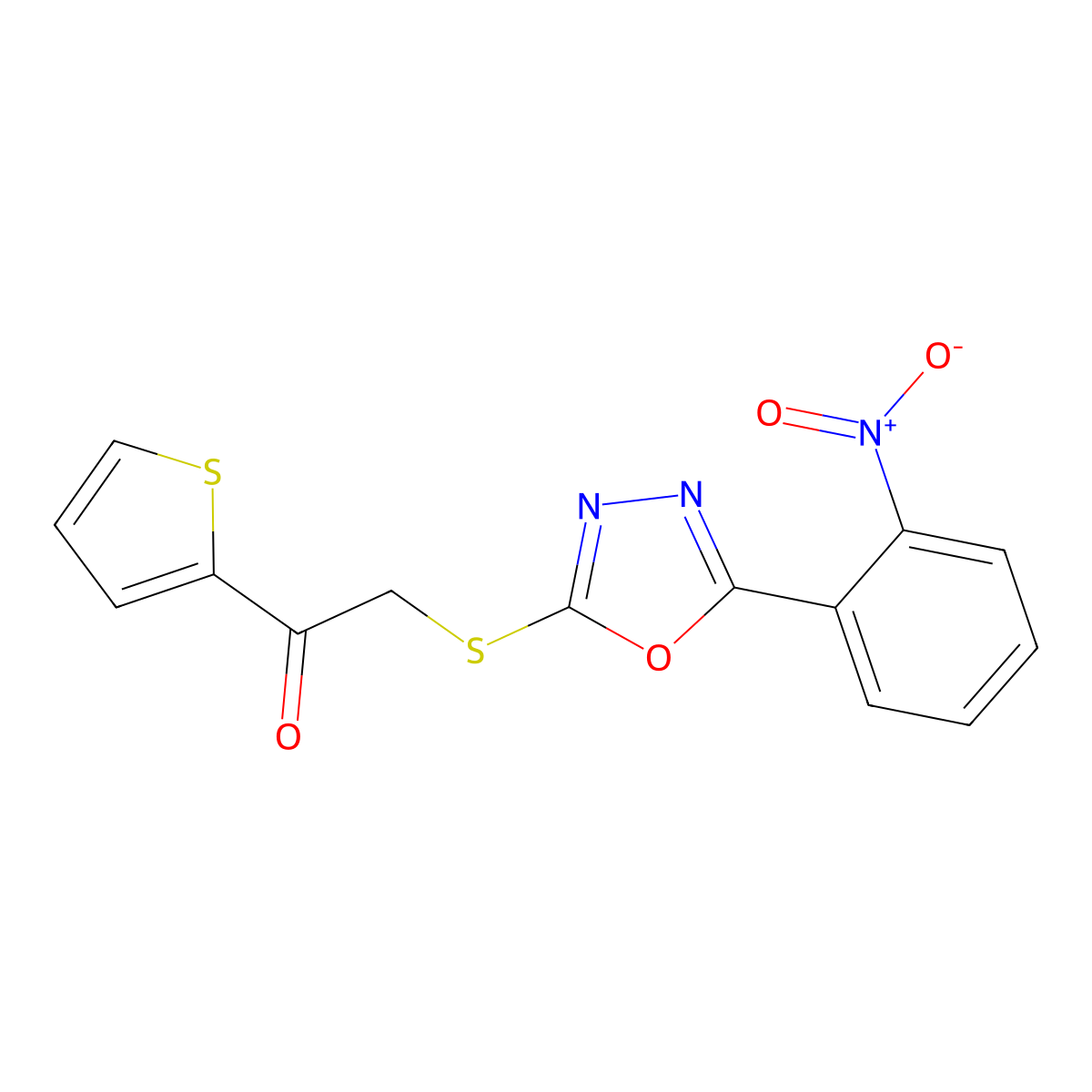 2-[[5-(2-Nitrophenyl)-1,3,4-oxadiazol-2-yl]sulfanyl]-1-thiophen-2-ylethanone molecular structure, CAS 694502-40-4