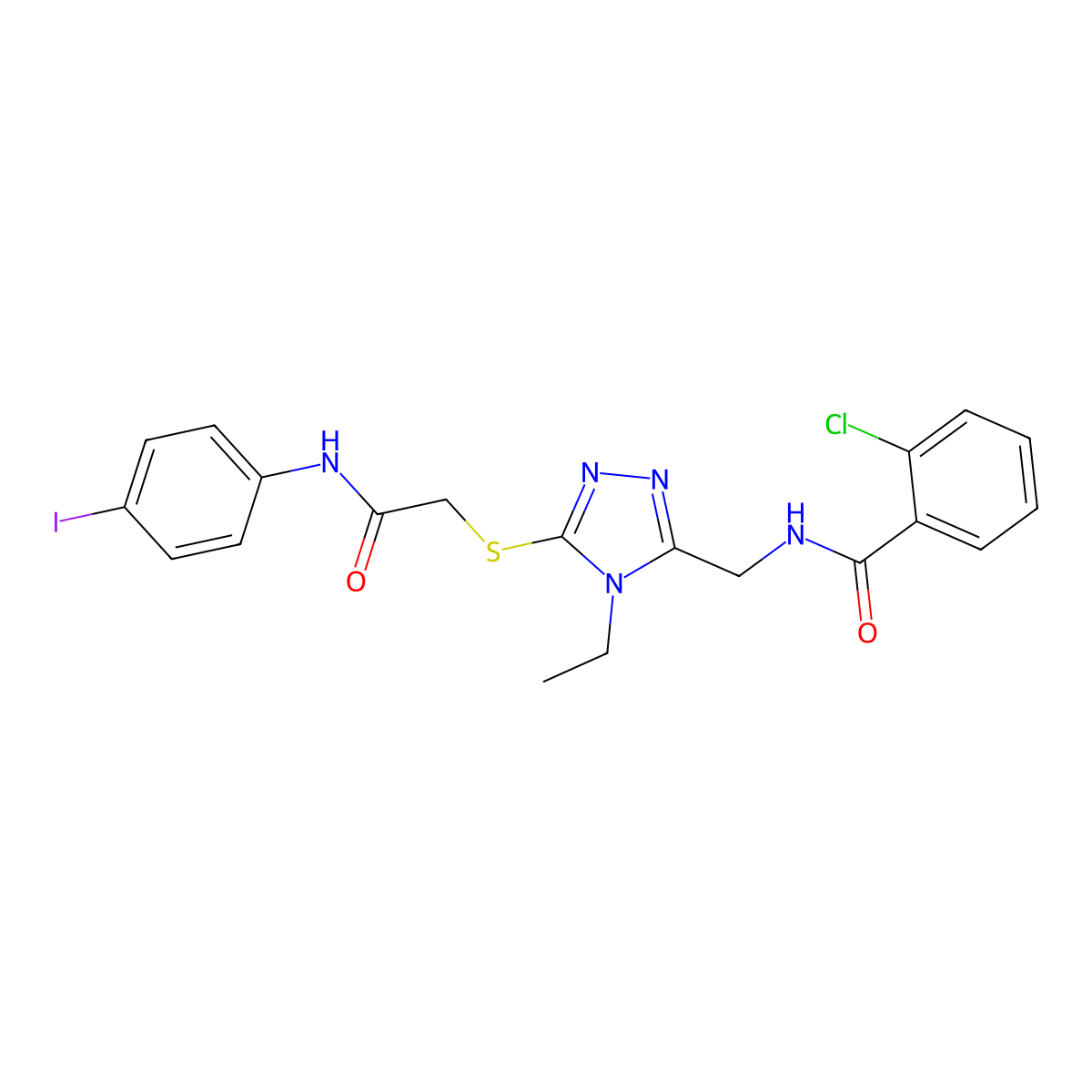 2-chloro-N-[[4-ethyl-5-[2-(4-iodoanilino)-2-oxoethyl]sulfanyl-1,2,4-triazol-3-yl]methyl]benzamide molecular structure, CAS 694502-63-1