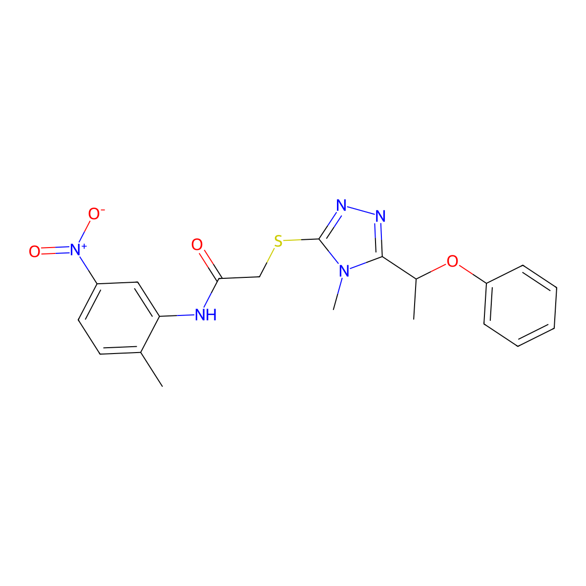 N-(2-methyl-5-nitrophenyl)-2-{[4-methyl-5-(1-phenoxyethyl)-4H-1,2,4-triazol-3-yl]sulfanyl}acetamide molecular structure, CAS 694504-32-0