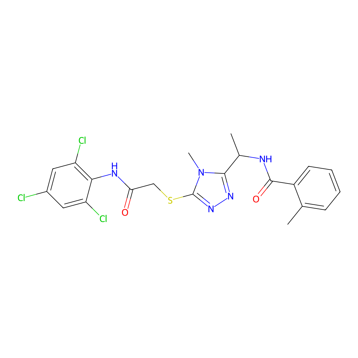 2-methyl-N-[1-[4-methyl-5-[2-oxo-2-(2,4,6-trichloroanilino)ethyl]sulfanyl-1,2,4-triazol-3-yl]ethyl]benzamide molecular structure, CAS 694504-52-4