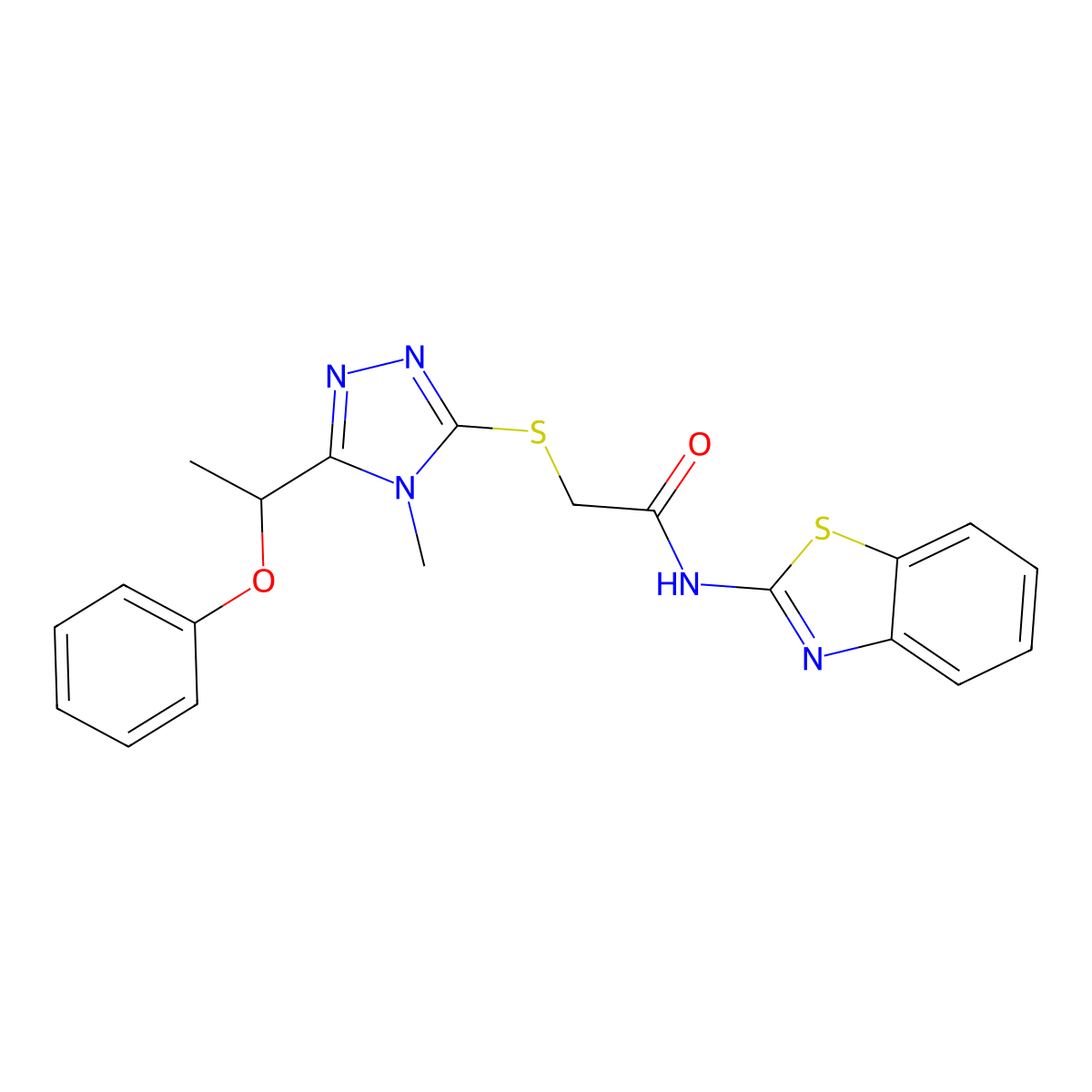 N-(1,3-benzothiazol-2-yl)-2-[[4-methyl-5-(1-phenoxyethyl)-1,2,4-triazol-3-yl]sulfanyl]acetamide molecular structure, CAS 694504-65-9